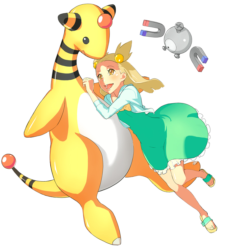 tetsuo (amenohutikoma), ampharos, jasmine (pokemon), magnemite, nintendo, pokemon, pokemon hgss, 00s, dress, gen 1 pokemon, gen 2 pokemon, gym leader, happy, pokemon (creature), sandals, simple background, twintails, two side up