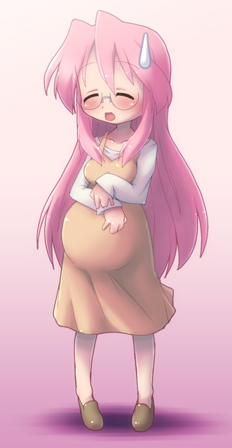 yoshi (crossmind), takara miyuki, kadokawa shoten, lucky star, 00s, 1girl, blush, closed eyes, female focus, full body, glasses, gradient background, long hair, pink hair, pregnant, solo, sweatdrop