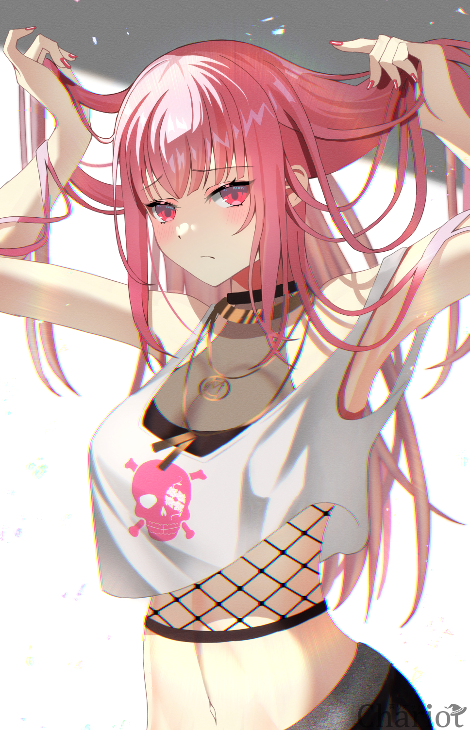 chariot (teachariot828), mori calliope, mori calliope (streetwear), hololive, hololive english, commentary request, highres, 1girl, adjusting hair, armpits, black pants, blush, fishnets, frown, jewelry, long hair, midriff, nail polish, navel, necklace, pants, pink eyes, pink hair, red nails, shirt, skull and crossbones, skull print, sleeveless, sleeveless shirt, solo, very long hair, white shirt