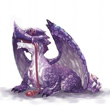 meme (uiroktkr), uiroktkr (pixiv), chameleos, capcom, monster hunter (series), bad id, bad pixiv id, lowres, dragon, elder dragon, horns, monster, no humans, sitting, solo, tongue, wings