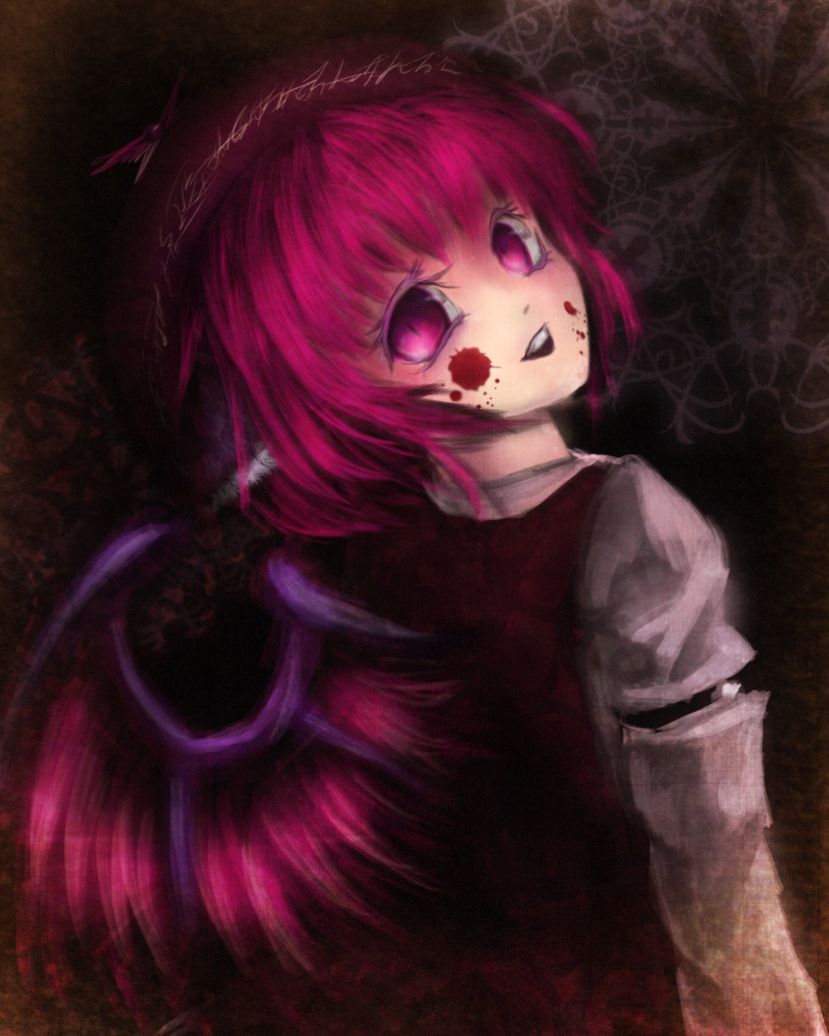 mystia lorelei, touhou, highres, 1girl, blood, empty eyes, female focus, pink eyes, pink hair, solo, standing, wings, yandere