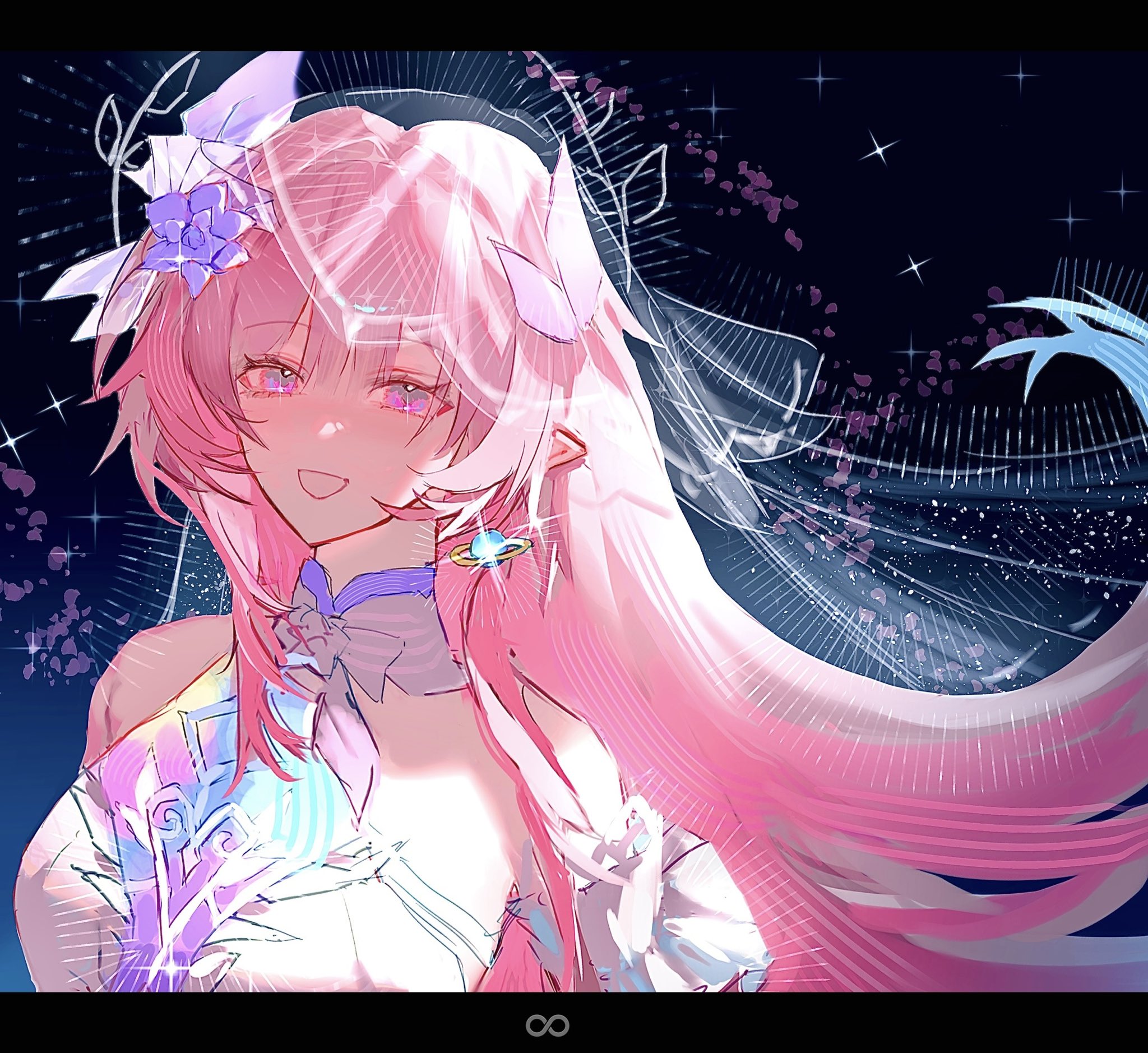 irzm30, cyrene (demiurge) (honkai: star rail), cyrene (honkai: star rail), honkai: star rail, honkai (series), hashtag-only commentary, highres, 1girl, aqua hair, bare shoulders, breasts, bridal veil, dress, earrings, flower, hair flower, hair ornament, infinity symbol, jewelry, large breasts, letterboxed, long hair, looking at viewer, multicolored hair, pink hair, pointy ears, purple eyes, sky, smile, solo, star (sky), starry sky, symbol-shaped pupils, two-tone hair, upper body, veil, very long hair, white dress