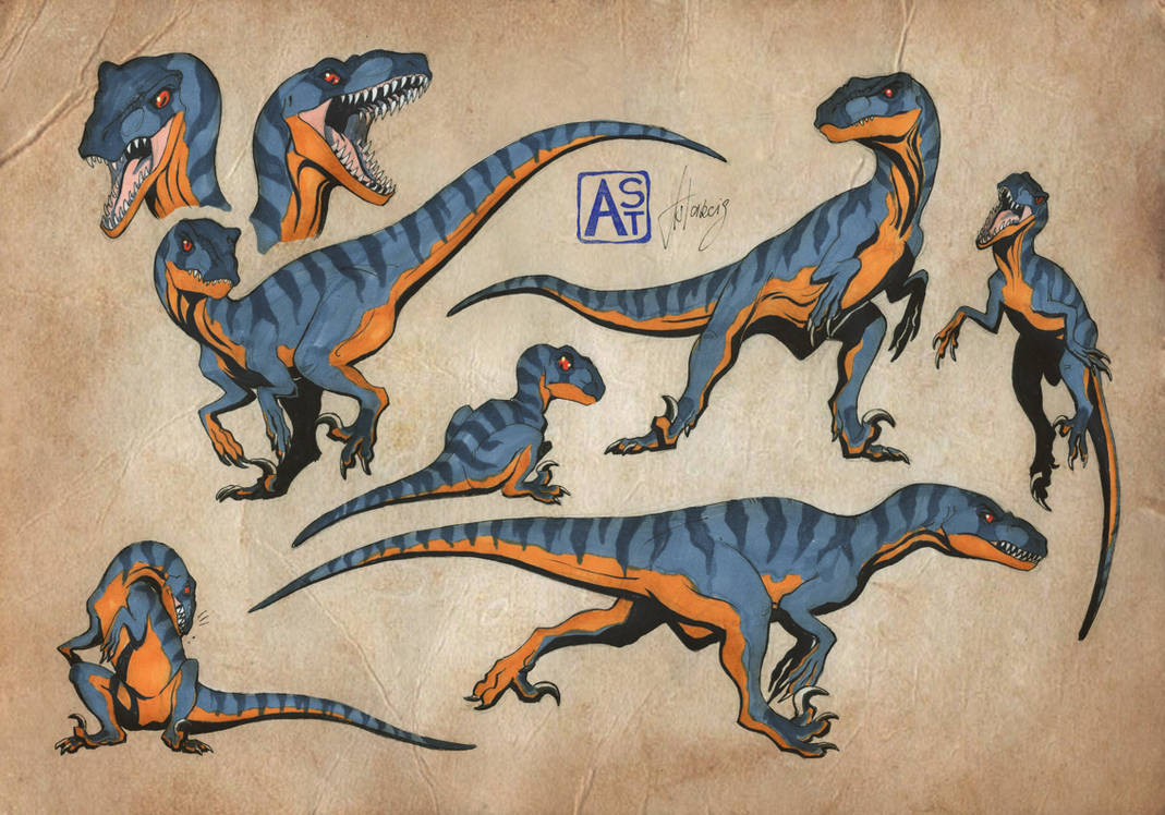 original, animal focus, artist name, astarcis, claws, closed mouth, dinosaur, dynamic pose, fangs, full body, multiple views, no humans, open mouth, raptor, reference sheet, sharp teeth, simple background, tail, teeth, utahraptor, velociraptor, watermark