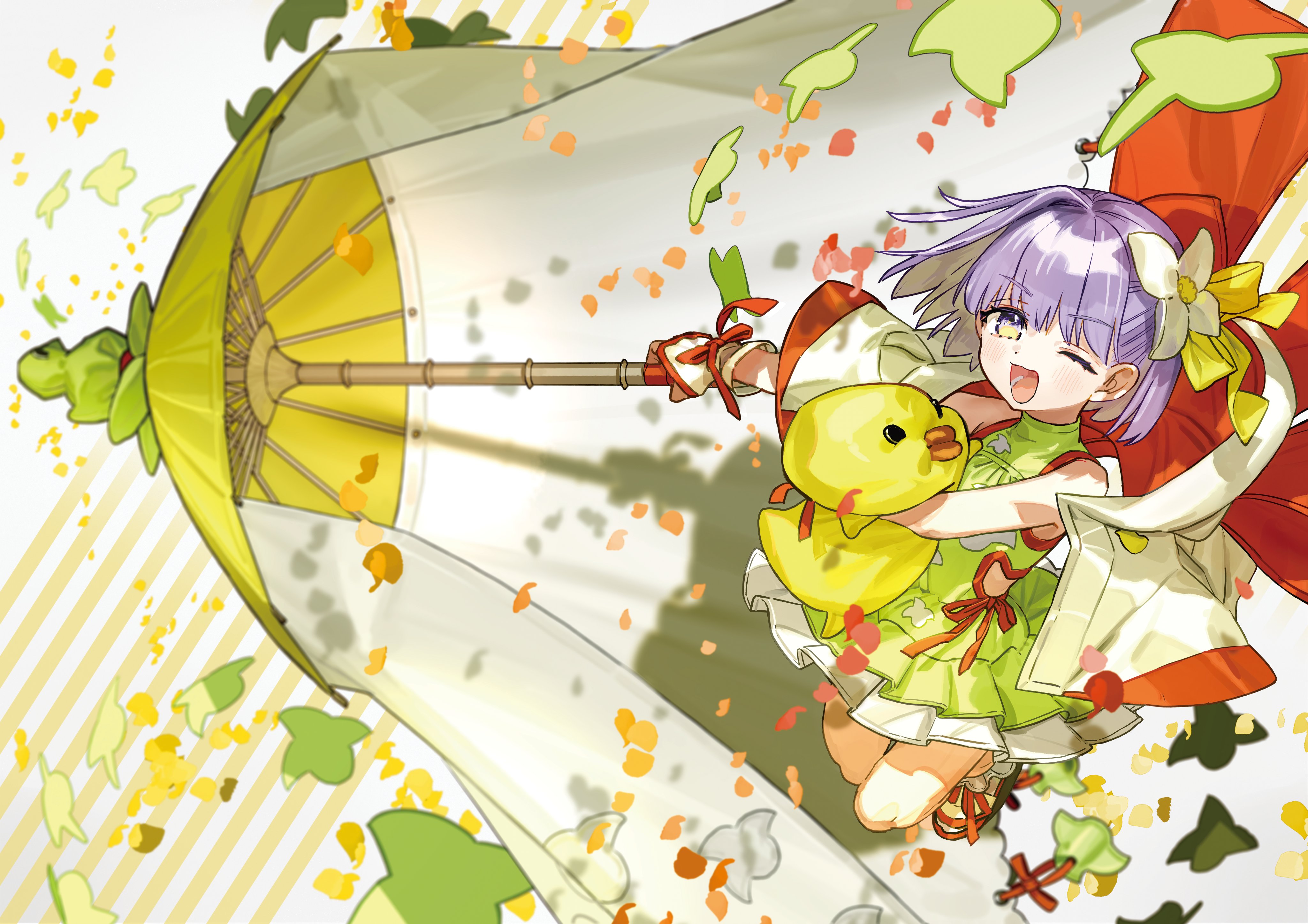 wada arco, kazuradrop (fate), kazuradrop (third ascension) (fate), fate/grand order, fate (series), absurdres, commentary request, highres, 1girl, bob cut, dress, falling petals, flower, green dress, hair flower, hair ornament, holding, holding umbrella, oil-paper umbrella, one eye closed, petals, purple eyes, purple hair, sleeveless, sleeveless dress, stuffed animal, stuffed duck, stuffed toy, umbrella