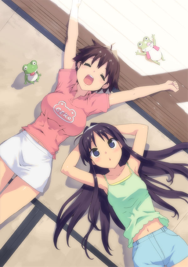 ootomo takuji, original, 2girls, black eyes, black hair, clothes writing, doll, frog, long hair, midriff, multiple girls, navel, short hair, stretching