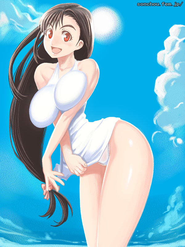 hayakawa sonchou, tifa lockhart, final fantasy, final fantasy vii, 1990s (style), 1girl, black hair, breasts, curvy, day, dress, female focus, hip focus, large breasts, legs, long hair, low-tied long hair, narrow waist, red eyes, retro artstyle, skirt, sky, smile, solo, white dress, white skirt, wide hips