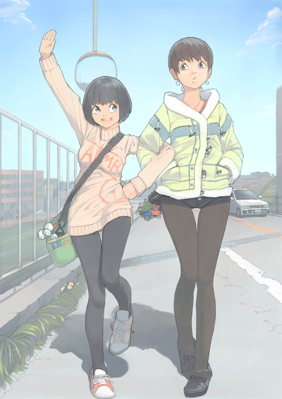 akinbo (hyouka fuyou), akinbo (character), asai nana, original, black footwear, black legwear, red footwear, highres, 2girls, :o, bag, black hair, black shorts, brown hair, car, curb, day, dress, earrings, grey eyes, jacket, jewelry, legs, locked arms, messenger bag, motor vehicle, multiple girls, open mouth, outstretched arm, pantyhose, pantyhose under shorts, pink sweater, road, shoes, short hair, short shorts, shorts, shoulder bag, sidewalk, sky, smile, sneakers, street, sweater, sweater dress, thigh gap, vanishing point, walking, yellow jacket