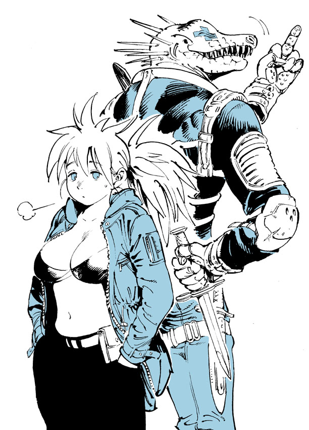 ahn dongshik, caiman (dorohedoro), nikaidou (dorohedoro), dorohedoro, 1boy, 1girl, bikini, bikini top only, blue theme, bra, breasts, cross, jacket, knife, large breasts, lingerie, lizard, middle finger, monochrome, navel, open clothes, open shirt, ponytail, shirt, simple background, swimsuit, tattoo, teeth, underwear, white background