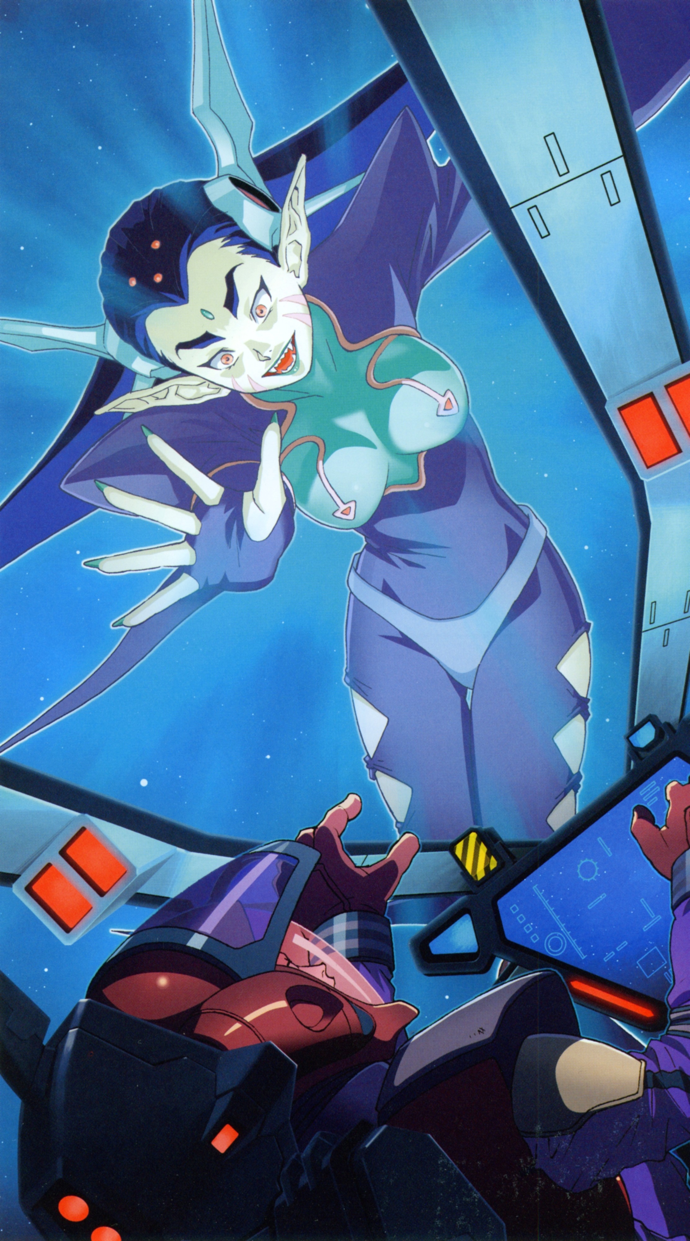 sivil, vf-17, vf-19, macross, macross 7, pilot suit, absurdres, highres, non-web source, official art, 1990s (style), 1boy, 1girl, armor, bodysuit, cockpit, elf, fangs, helmet, mecha, pointy ears, protodeviln, retro artstyle, robot, space, spacesuit, vampire, you gonna get raped