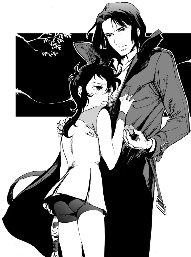 ahn dongshik, character request, 1boy, 1girl, bike shorts, coat, couple, greyscale, hetero, hug, monochrome, racket, short hair, tennis, tennis racket, trench coat