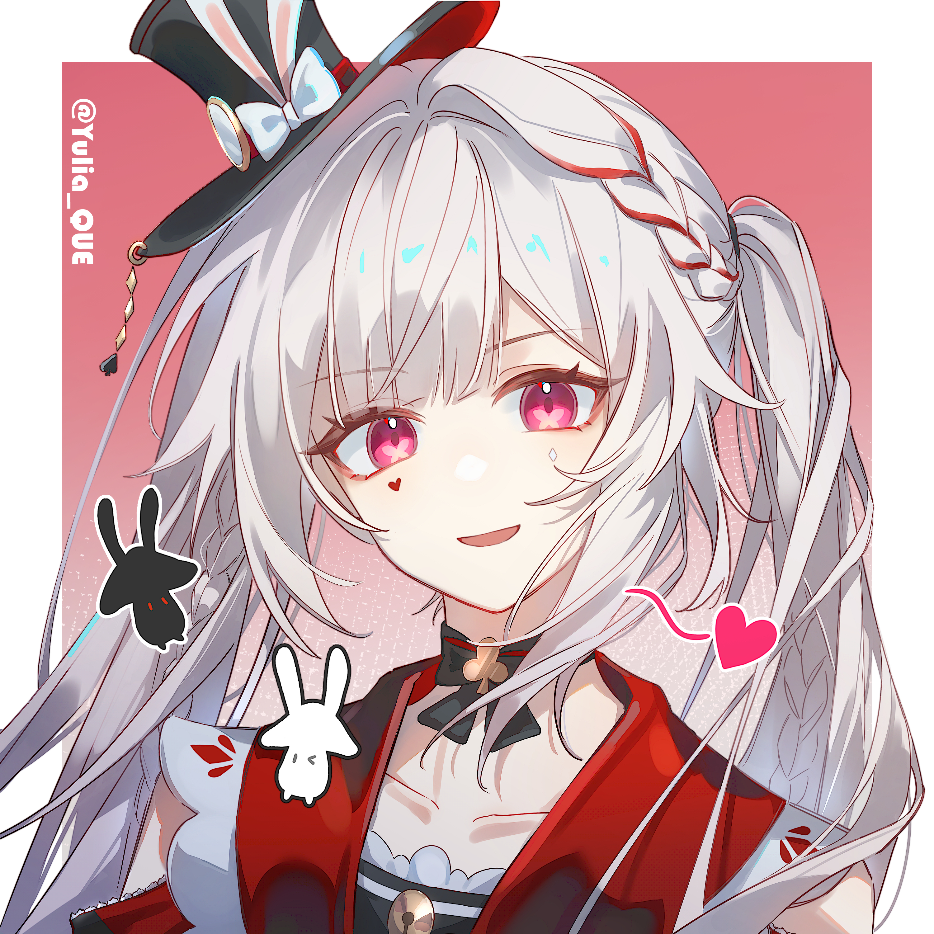 sparkle (honkai: star rail), sparxie (honkai: star rail), honkai: star rail, honkai (series), absurdres, chinese commentary, commentary request, highres, 1girl, animal ears, artist name, bow, braid, choker, collarbone, facial mark, hat, heart, lanmei nai fu ye, long hair, looking at viewer, multicolored hair, open mouth, pink eyes, rabbit, rabbit ears, red eyes, red hair, smile, solo, streaked hair, top hat, twintails, upper body, white hair