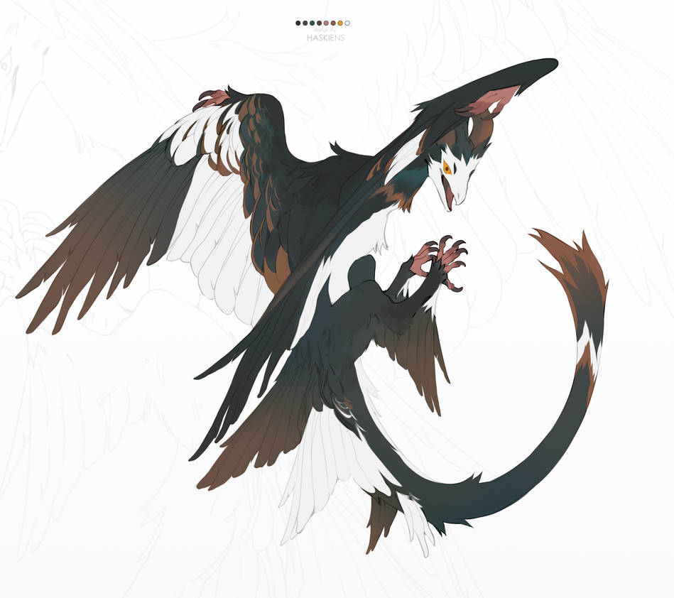 original, animal focus, artist name, beak, claws, dinosaur, dragon, dynamic pose, feathered dinosaur, feathered dragon, feathered wings, feathers, full body, haskiens, monster, multicolored feathers, multiple wings, no humans, open mouth, raptor, reference sheet, simple background, solo, tail, velociraptor, wings