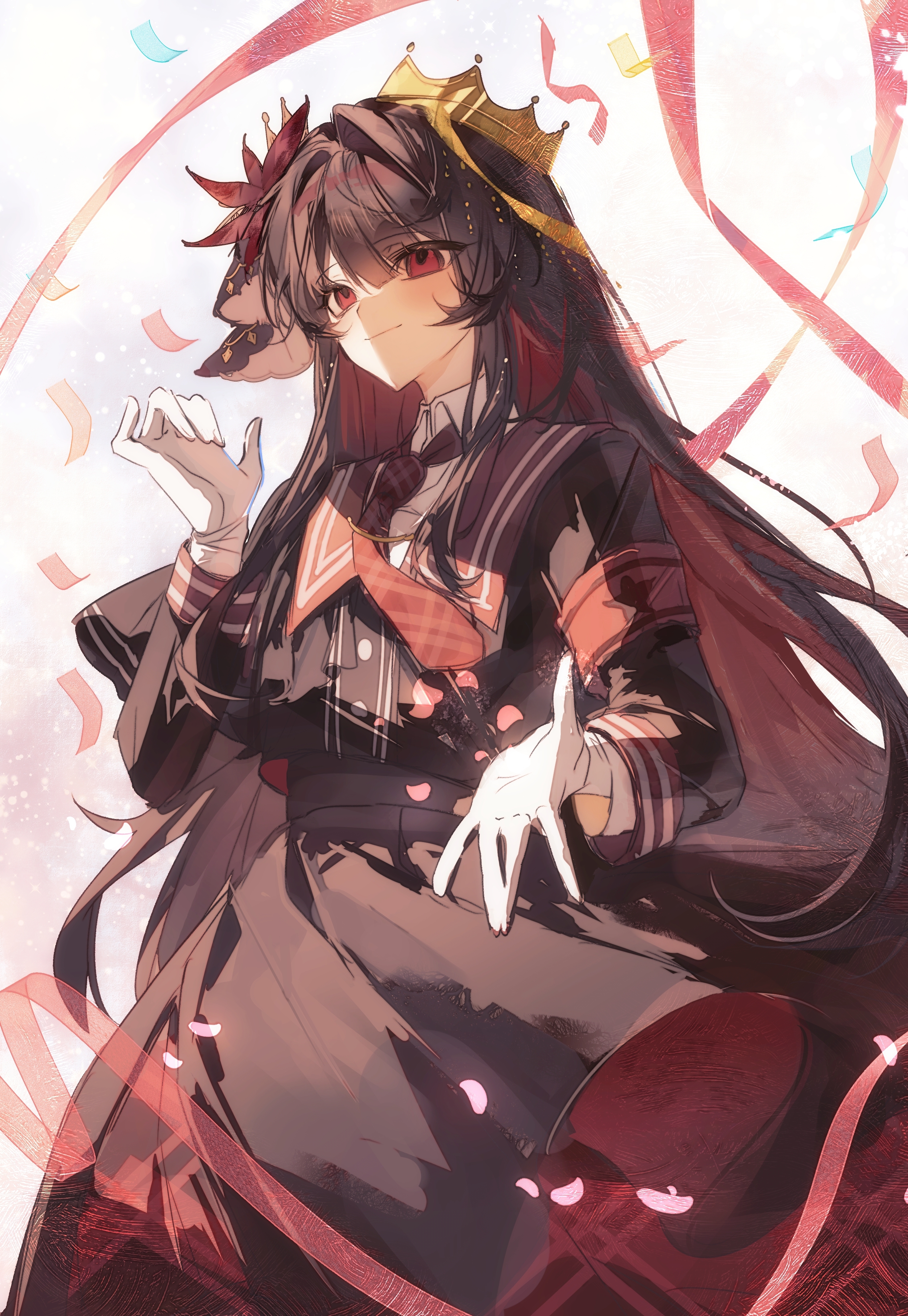 nikaido hiro, mahou shoujo no majo saiban, absurdres, artist request, commentary, commission, english commentary, highres, second-party source, 1girl, armband, black capelet, black hair, black shirt, black skirt, capelet, closed mouth, confetti, cowboy shot, crown, flower, hair flower, hair ornament, hand up, long hair, long sleeves, looking at viewer, necktie, red armband, red eyes, red flower, red necktie, shirt, skirt, smile, solo, streamers