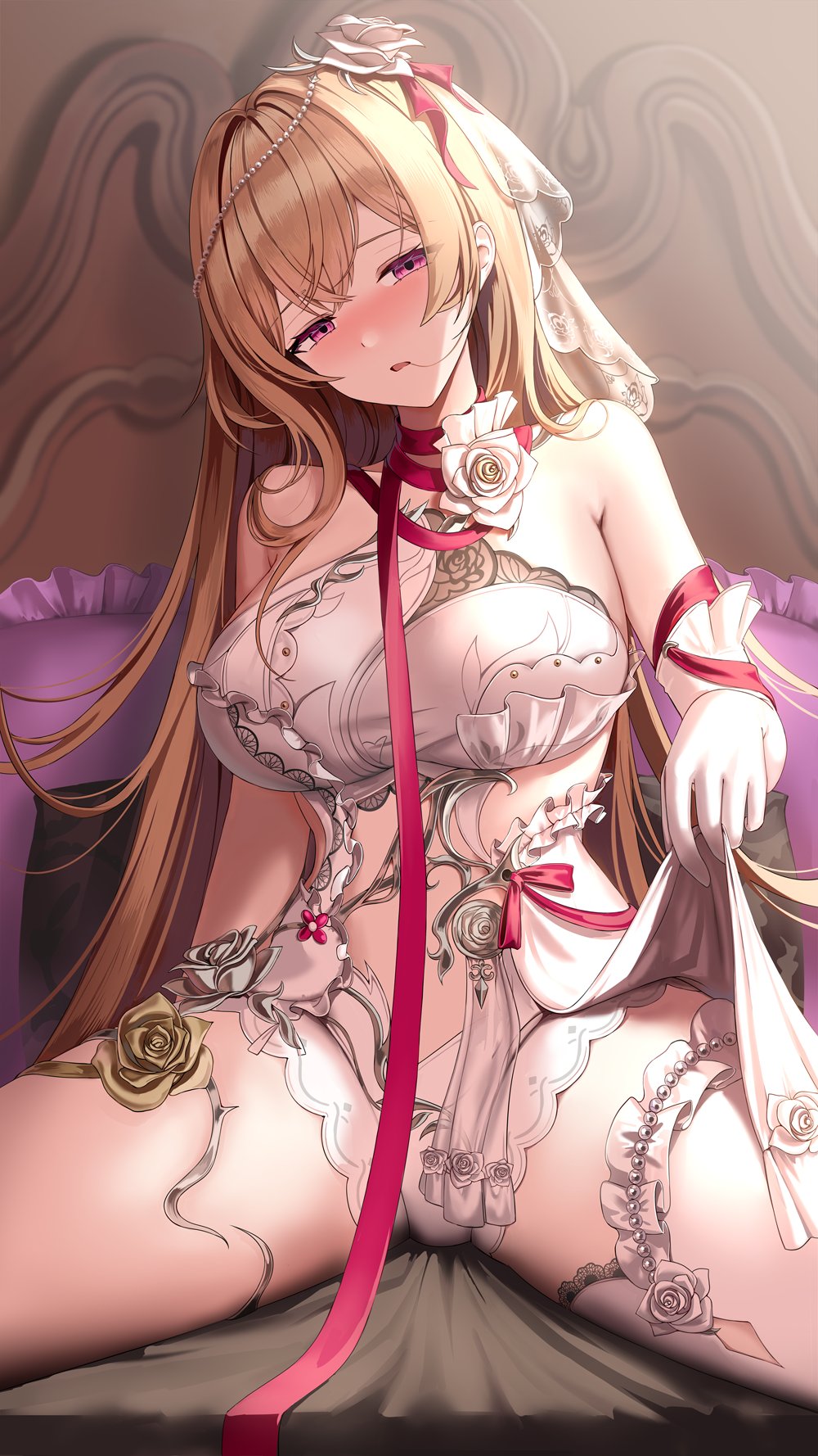 silence girl, marian andreotti, snowbreak: containment zone, commentary, highres, symbol-only commentary, 1girl, bare shoulders, blonde hair, breasts, dress, elbow gloves, flower, gloves, hair flower, hair ornament, large breasts, looking at viewer, parted lips, red eyes, single elbow glove, single thighhigh, sitting, solo, thighhighs, white dress, white flower, white gloves, white thighhighs