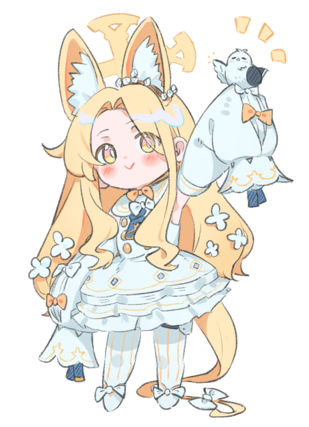uito yzwa, seia (blue archive), blue archive, commentary request, 1girl, :>, animal ear fluff, animal ears, animal on arm, bird, bird on arm, blonde hair, blush, bow, bright pupils, closed mouth, detached sleeves, dress, extra ears, flower, full body, hair flower, hair ornament, halo, long hair, long sidelocks, long sleeves, looking at animal, orange bow, pantyhose, sidelocks, simple background, sleeveless, sleeveless dress, sleeves past wrists, solo, standing, very long hair, white background, white bow, white dress, white flower, white pantyhose, white pupils, white sleeves, yellow eyes, yellow halo