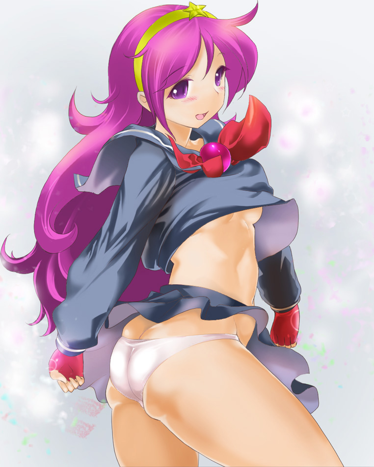 mokomoko yanakku, asamiya athena, snk, the king of fighters, the king of fighters xii, 1girl, ass, black serafuku, breasts, butt crack, clothes lift, female focus, medium breasts, purple eyes, purple hair, school uniform, serafuku, skindentation, skirt, skirt lift, solo, thighs, underboob