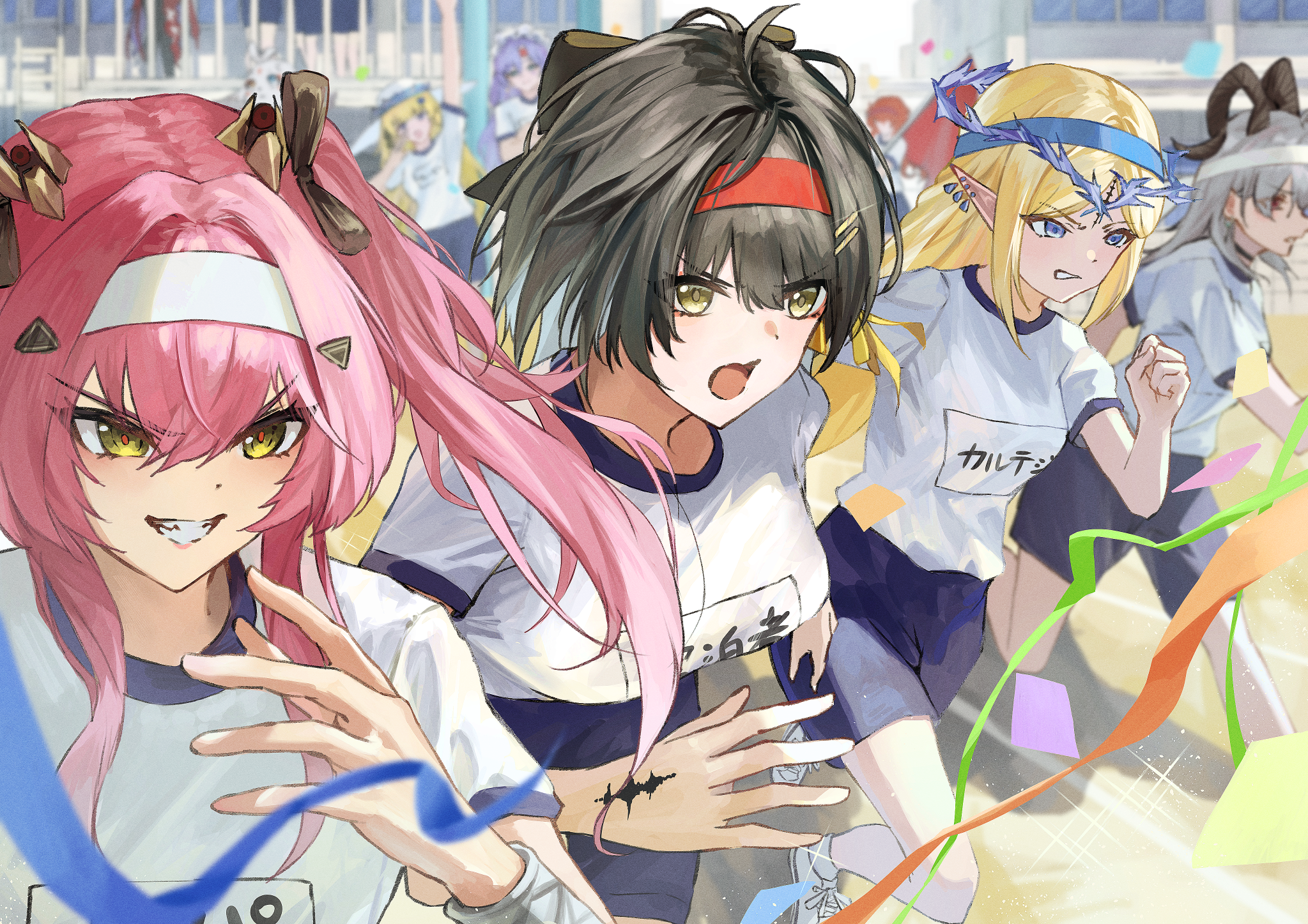 ushimo (dztu8434), abby (wuthering waves), cantarella (wuthering waves), cartethyia (wuthering waves), female rover (wuthering waves), lupa (wuthering waves), phoebe (wuthering waves), rover (wuthering waves), zani (wuthering waves), wuthering waves, character request, chinese commentary, commentary request, highres, 6+girls, black bow, black hair, black horns, blonde hair, blue hairband, blue shorts, bow, breasts, confetti, crown of thorns, curled horns, earrings, grey hair, gym uniform, hair bow, hair ornament, hair ribbon, hairband, horns, jewelry, long hair, looking ahead, medium breasts, multiple earrings, multiple girls, open mouth, pink hair, pointy ears, red hairband, red pupils, ribbon, running, shirt, shorts, sidelocks, sports festival, tacet mark (wuthering waves), white hairband, white shirt, yellow eyes, yellow ribbon