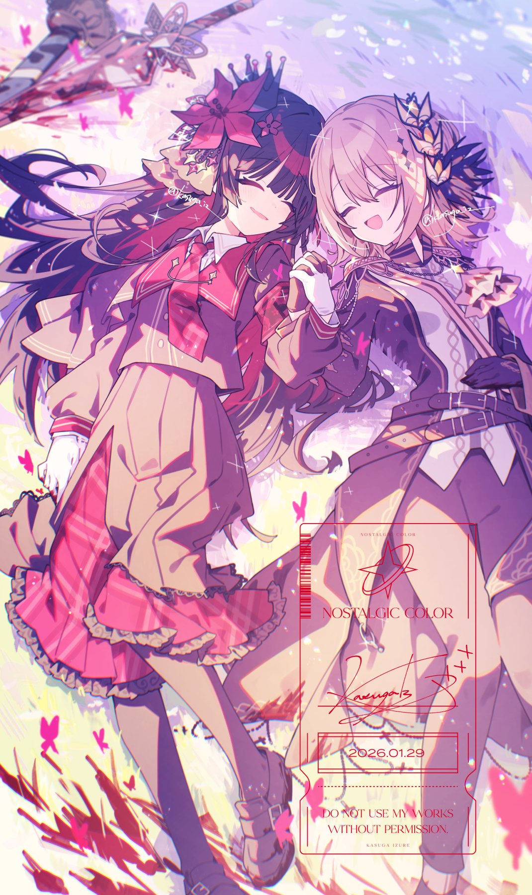 kasuga haruhi, hasumi leia, nikaido hiro, mahou shoujo no majo saiban, commentary request, highres, 2girls, armband, black dress, black gloves, black hair, black jacket, black pantyhose, black shoes, blonde hair, blood, blood on ground, bug, butterfly, closed eyes, crown, dress, epaulettes, flower, frilled dress, frills, gloves, hair flower, hair ornament, holding hands, insect, interlocked fingers, jacket, lying, multiple girls, necktie, on back, pantyhose, red armband, red butterfly, red flower, red necktie, sash, sheath, shoes, shoulder sash, sword, watermark, weapon, white gloves, yuri