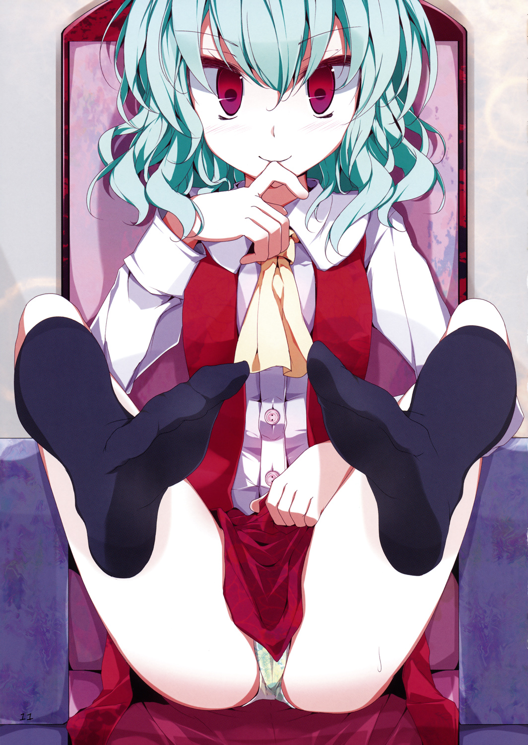 oouso, kazami yuuka, touhou, highres, non-web source, scan, 1girl, ascot, cameltoe, clothes lift, feet, female focus, finger to mouth, foot focus, green hair, legs, naughty face, panties, pantyshot, red eyes, short hair, sitting, skirt, skirt lift, smile, socks, solo, umbrella, underwear, upskirt, vest