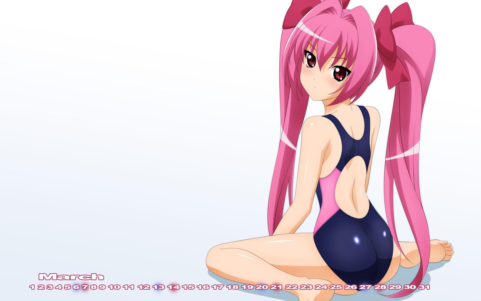 sugimura tomokazu, usada hikaru, di gi charat, highres, 1girl, ass, barefoot, blush, bow, calendar, competition swimsuit, feet, female focus, from behind, gradient background, hair bow, long hair, looking back, march, one-piece swimsuit, pink hair, red eyes, sitting, solo, squatting, swimsuit, twintails, very long hair, wariza
