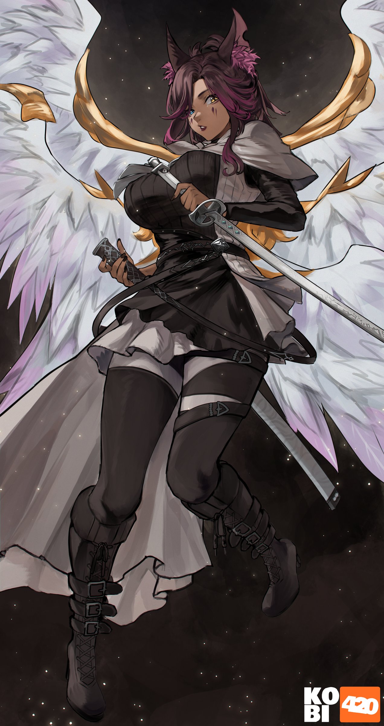 kobi420, original, absurdres, commentary, commission, english commentary, highres, 1girl, animal ear fluff, artist logo, artist name, belt, belt boots, black background, black belt, black boots, black nails, black pantyhose, black skirt, black sweater, blue eyes, boots, borrowed character, breasts, brown hair, dark-skinned female, dark skin, feathered wings, full body, gradient hair, grey cloak, grey skirt, heterochromia, holding, holding sheath, holding sword, holding weapon, large breasts, light particles, lips, logo, long sleeves, looking at viewer, marking on cheek, medium hair, multicolored hair, multiple wings, pantyhose, parted lips, purple hair, purple lips, sheath, skirt, solo, sweater, sword, two-tone hair, weapon, white wings, wings, yellow eyes