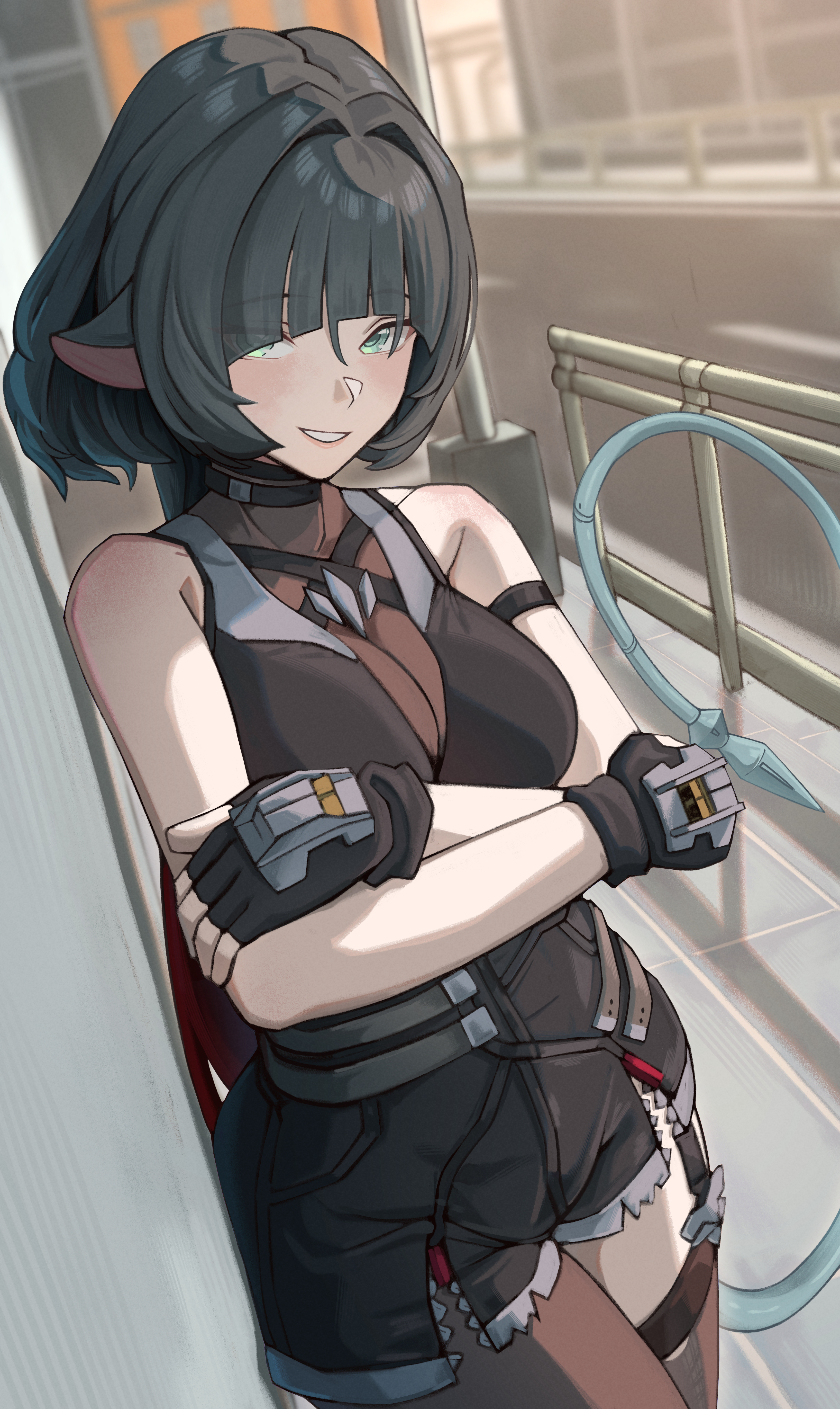 fujiwara yumeko (fuji yumeko1), jane doe (zenless zone zero), zenless zone zero, absurdres, commentary, commentary request, english commentary, highres, mixed-language commentary, 1girl, against wall, animal ears, bare shoulders, black gloves, black shorts, blue eyes, breasts, brown pantyhose, brown thighhighs, collarbone, cowboy shot, crossed arms, fingerless gloves, garter straps, gloves, high-waist shorts, large breasts, long hair, mouse ears, mouse girl, mouse tail, multicolored hair, no jacket, pantyhose, red hair, sharp tail, shorts, single garter strap, single leg pantyhose, single thighhigh, solo, tail, thighhighs