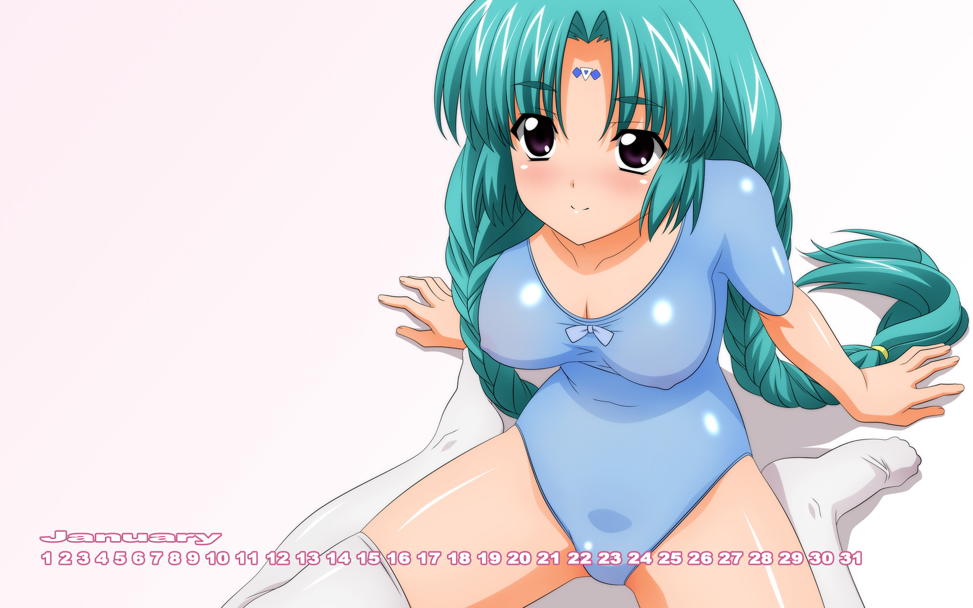 sugimura tomokazu, canal vorfeed, lost universe, highres, 1990s (style), 1girl, aqua hair, blush, braid, breasts, calendar, cleavage, covered erect nipples, facial mark, female focus, leotard, long hair, purple eyes, retro artstyle, solo, thighhighs, twin braids