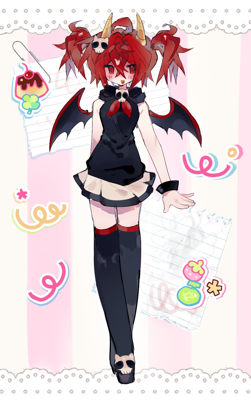 chervya, original, commission, highres, 1girl, black hoodie, boots, demon girl, demon horns, demon wings, food, hair ornament, hood, hoodie, horns, miniskirt, pudding, red hair, short twintails, skirt, skull, skull hair ornament, thigh boots, twintails, wings