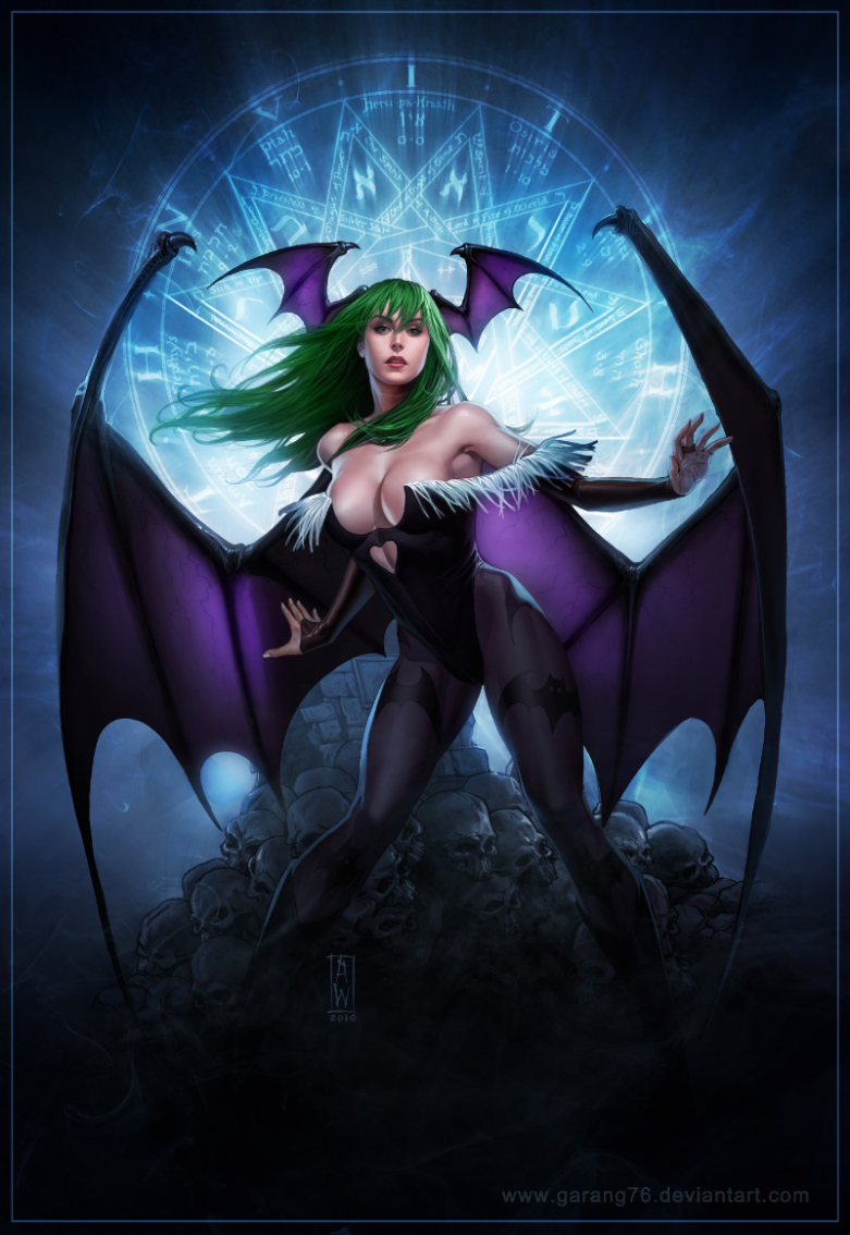 admira wijaya, garang76 (artist), morrigan aensland, capcom, darkstalkers, 1girl, animal print, bare shoulders, bat print, bat wings, breasts, cleavage, demon girl, elbow gloves, female focus, gloves, green eyes, head wings, large breasts, long hair, magic circle, pantyhose, print pantyhose, realistic, solo, wings