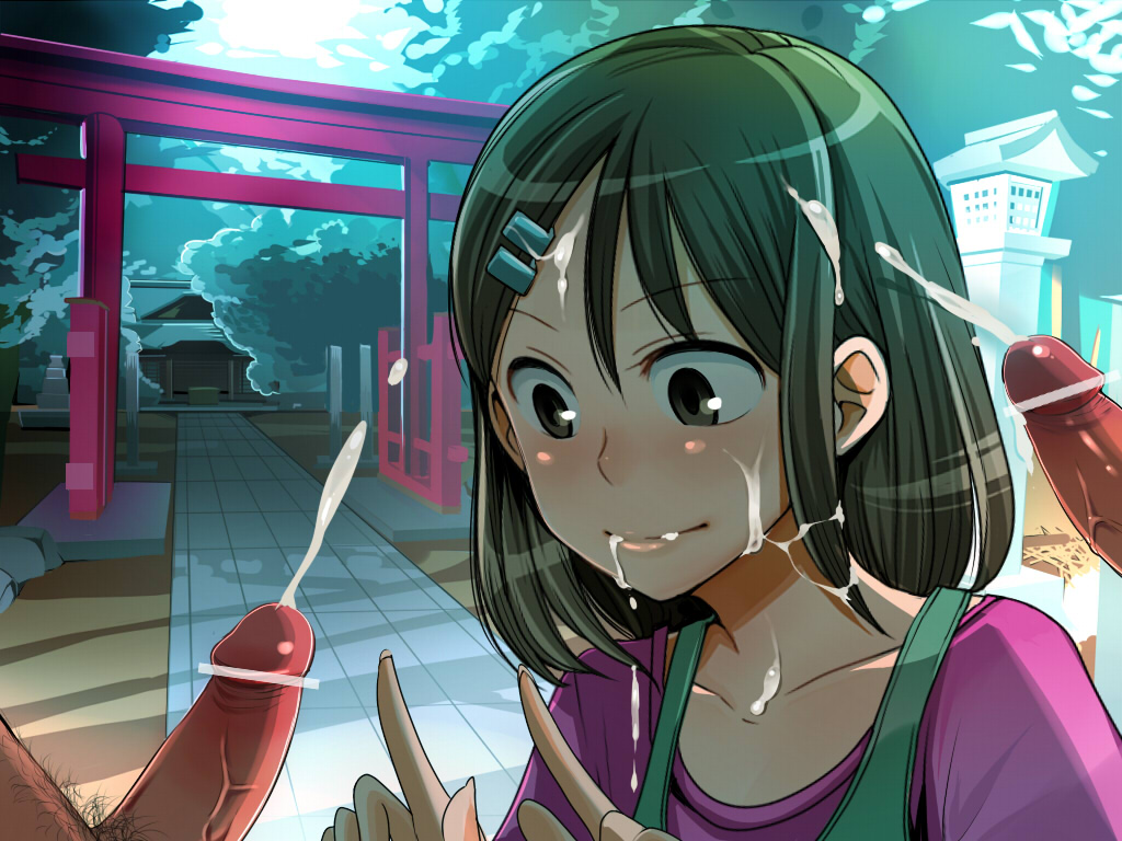 nakasone haiji, original, bad id, bad pixiv id, 1girl, bar censor, black eyes, black hair, bukkake, censored, clothed female nude male, cum, ejaculation, group sex, hair ornament, hairclip, handsfree ejaculation, hetero, mmf threesome, nude, penis, short hair, shrine, solo focus, threesome, torii, transparent censoring