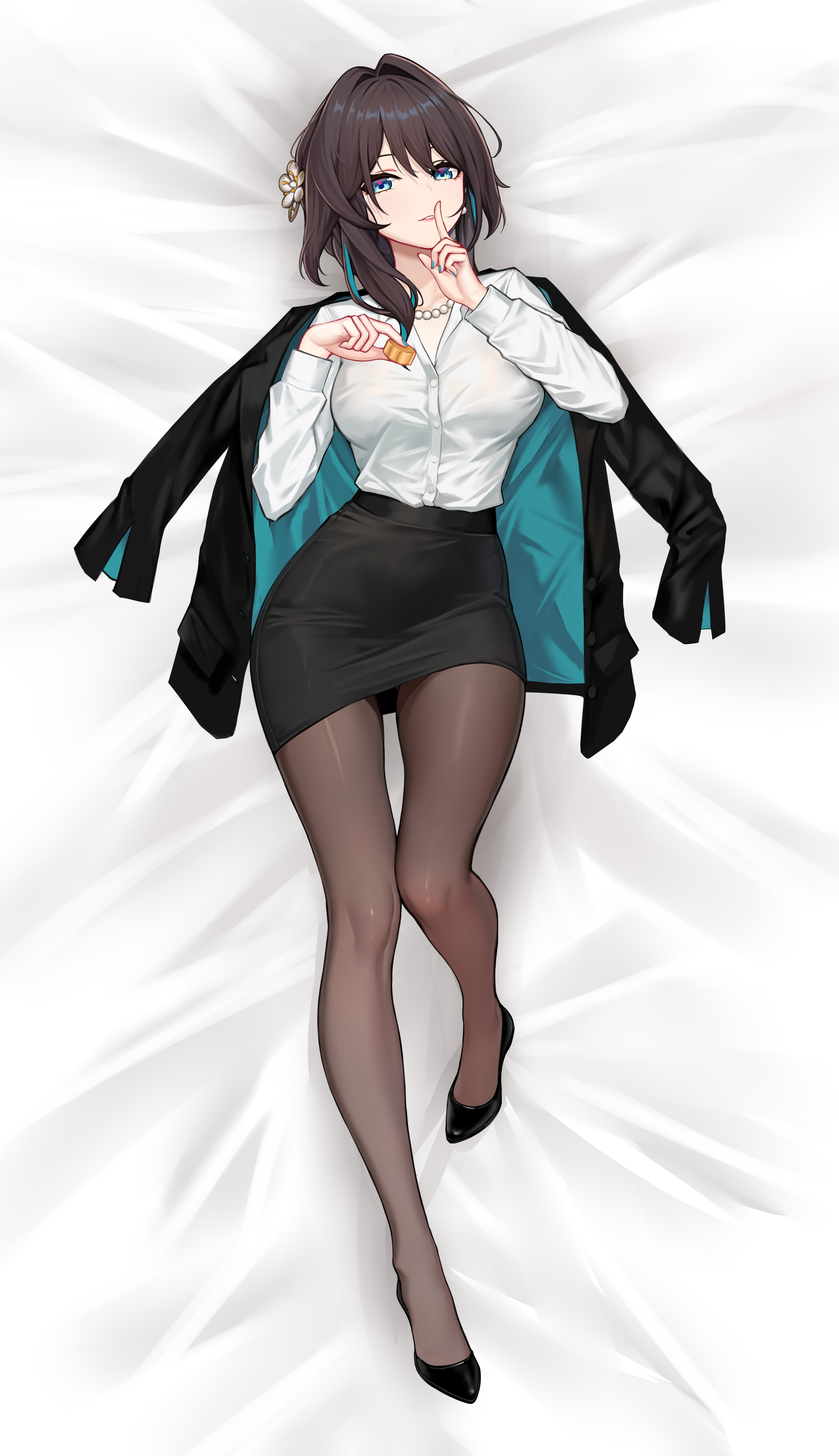 yunkaiming, ruan mei (honkai: star rail), honkai: star rail, honkai (series), absurdres, chinese commentary, commentary request, highres, large variant set, variant set, 1girl, aqua nails, bead necklace, beads, bed sheet, black jacket, black pantyhose, black shoes, black skirt, breasts, brown hair, finger to mouth, flower, food, full body, green eyes, hair flower, hair intakes, hair ornament, hands up, holding, holding food, index finger raised, jacket, jacket on shoulders, jewelry, knee up, long hair, looking at viewer, lying, medium breasts, multicolored hair, nail polish, necklace, office lady, on back, on bed, pantyhose, parted lips, pencil skirt, shirt, shirt tucked in, shoes, shushing, skirt, solo, streaked hair, white shirt