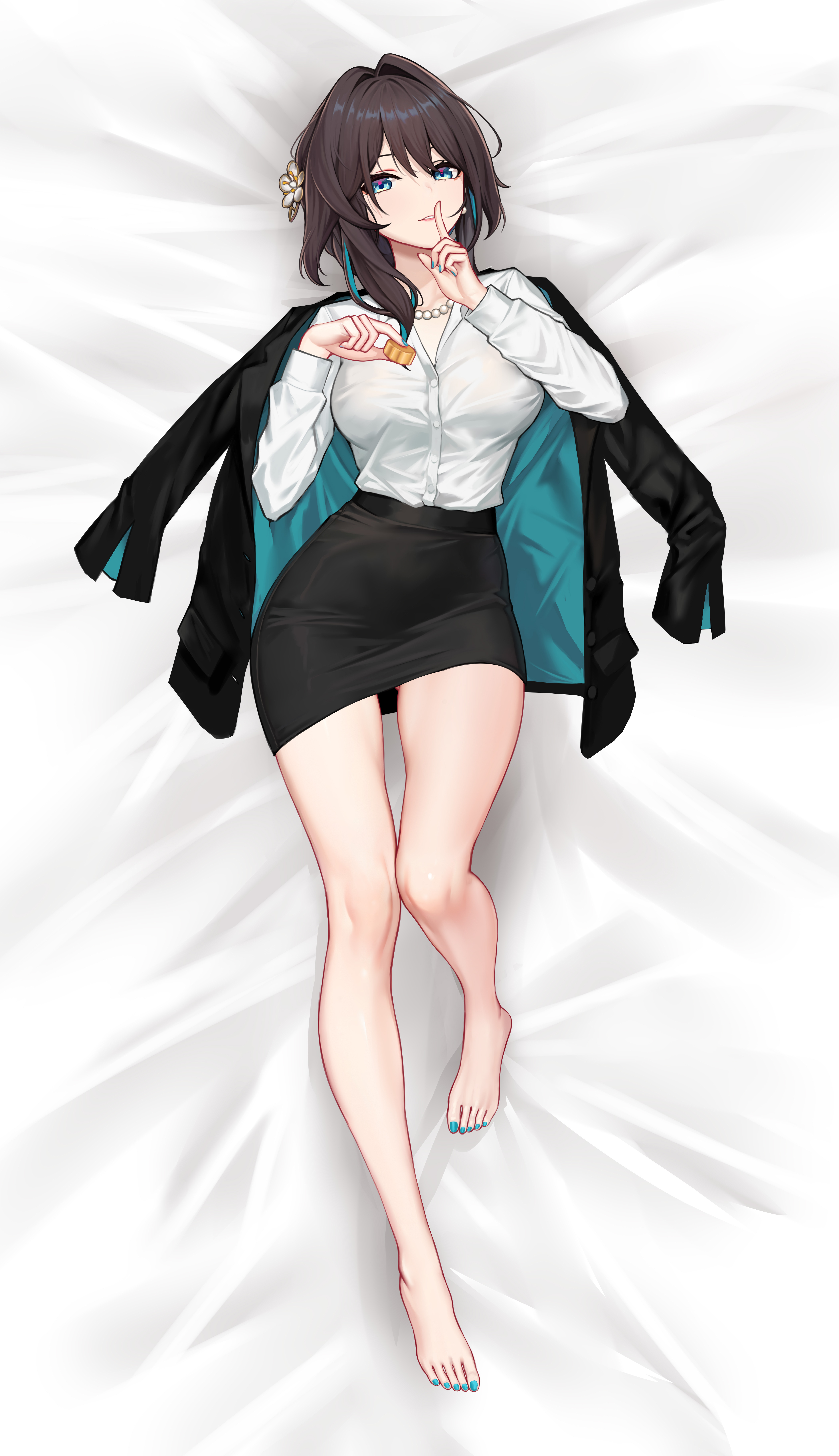yunkaiming, ruan mei (honkai: star rail), honkai: star rail, honkai (series), absurdres, chinese commentary, commentary request, highres, large variant set, variant set, 1girl, aqua nails, barefoot, bead necklace, beads, bed sheet, black jacket, black skirt, breasts, brown hair, feet, finger to mouth, flower, food, full body, green eyes, hair flower, hair intakes, hair ornament, hands up, holding, holding food, index finger raised, jacket, jewelry, knee up, long hair, looking at viewer, lying, medium breasts, multicolored hair, nail polish, necklace, office lady, on back, on bed, parted lips, pencil skirt, shirt, shirt tucked in, shushing, skirt, solo, streaked hair, toenail polish, toenails, toes, white shirt