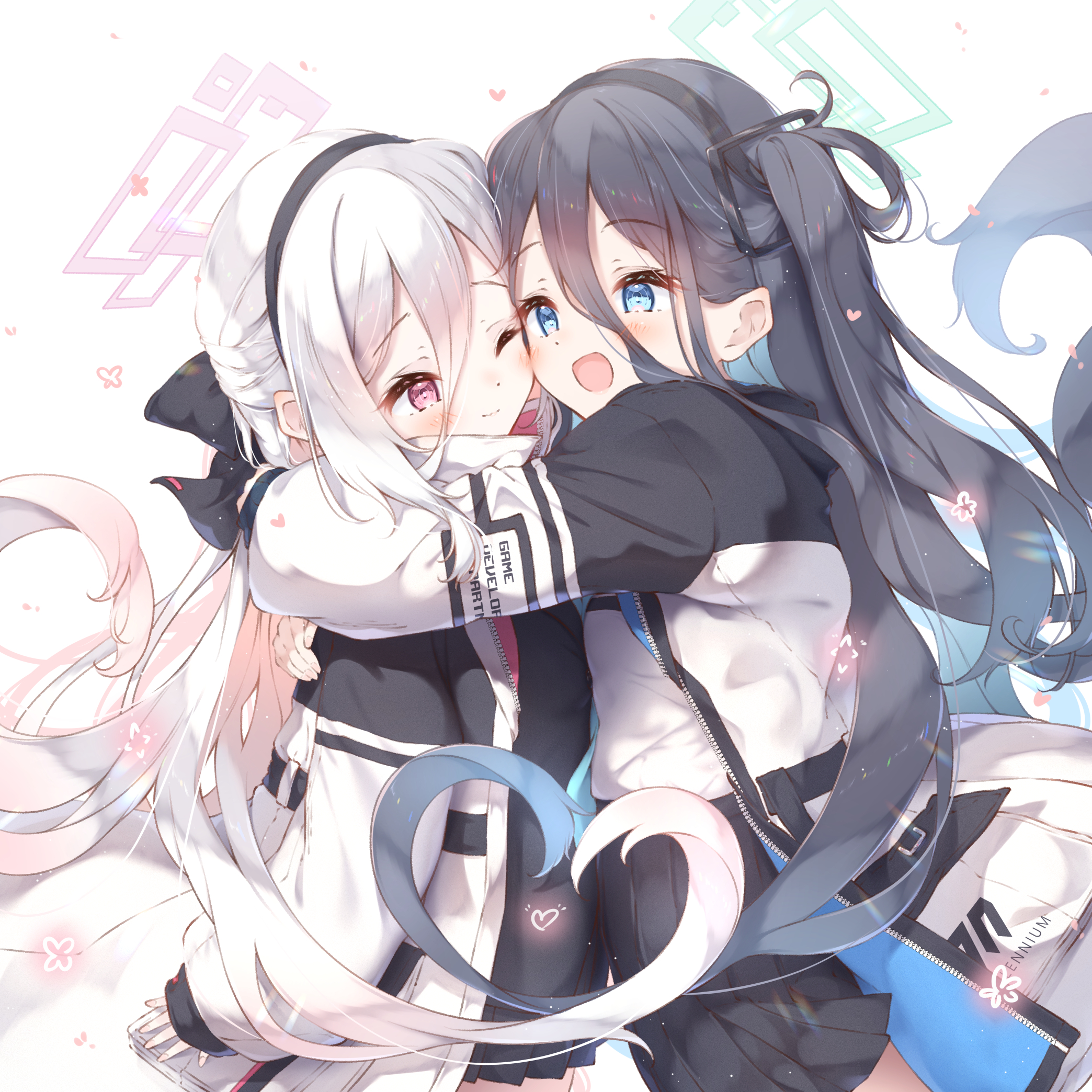 ukiwakisen, aris (blue archive), kei (blue archive), kei (new body) (blue archive), blue archive, commentary request, highres, 2girls, affectionate, black hair, black hairband, black skirt, hair between eyes, hairband, half updo, halo, heart, heart hair duo, hug, jacket, long hair, long hair between eyes, multiple girls, one side up, skirt, very long hair, white hair, white jacket