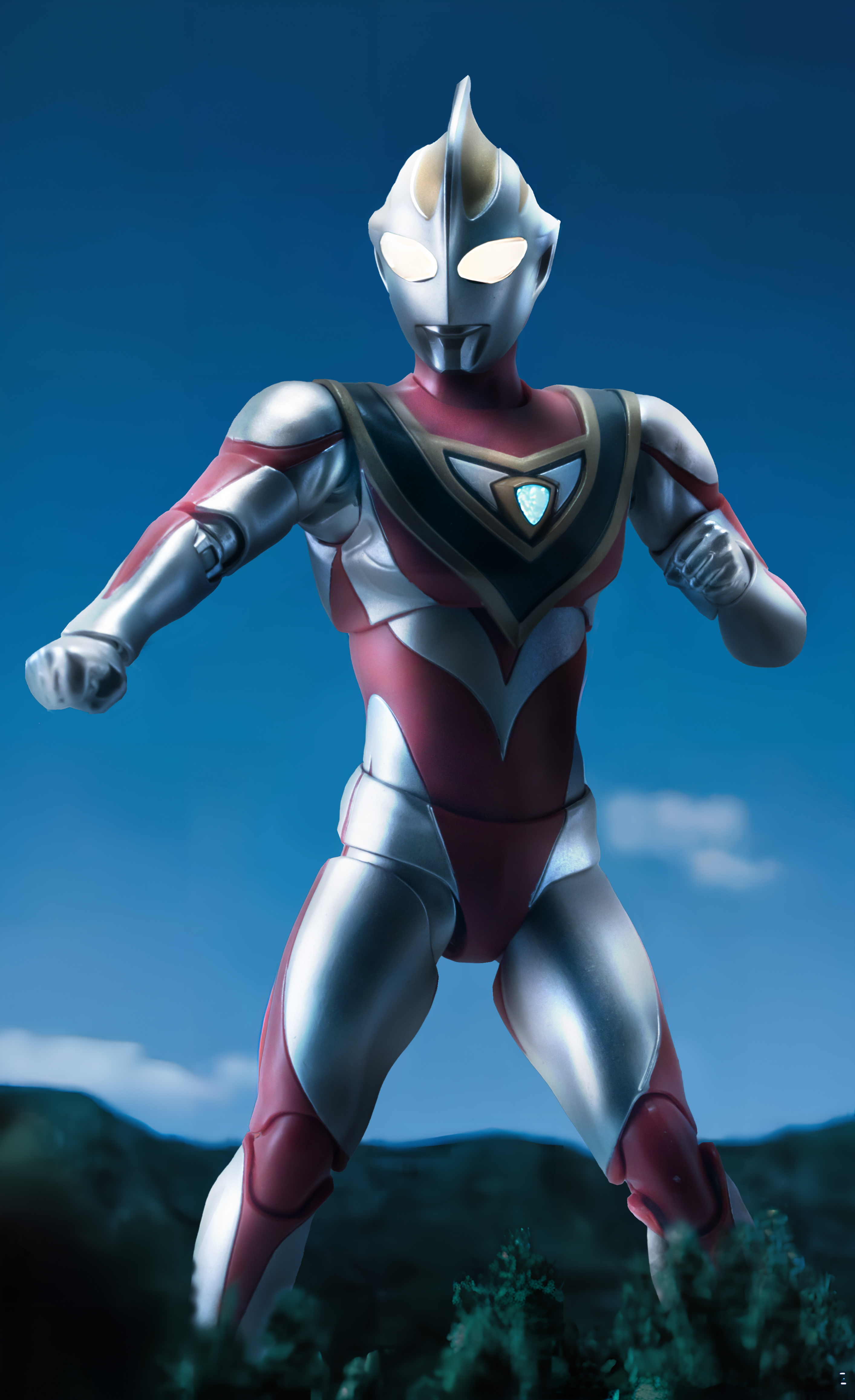love894anon, ultraman gaia, sh figuarts, tokusatsu, ultra series, ultraman gaia (series), absurdres, commentary, highres, photo (medium), 1boy, alien, armor, blue sky, breastplate, color timer, colored skin, compound eyes, dorsal fin, feet out of frame, figure (medium), giant, giant male, glowing, glowing eyes, gold trim, gradient sky, hand up, legs apart, looking ahead, male focus, multicolored skin, night, no pupils, outdoors, outstretched arm, pectorals, red skin, silver skin, sky, solo, standing, toned, toned male, tree, two-tone skin, white eyes, wrinkled skin