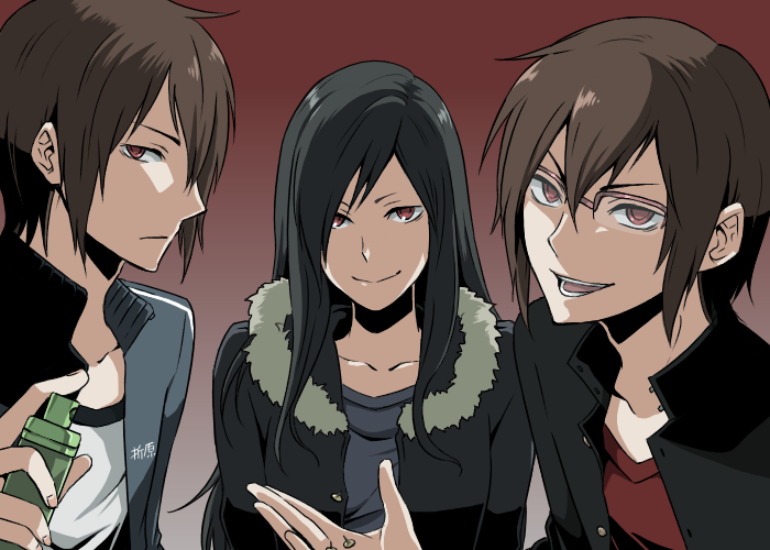 pakkaane, orihara izaya, orihara kururi, orihara mairu, durarara!!, bad id, bad pixiv id, 1girl, 2boys, black hair, brother and sister, brothers, brown hair, genderswap, genderswap (ftm), genderswap (mtf), glasses, long hair, multiple boys, red eyes, short hair, siblings, twins