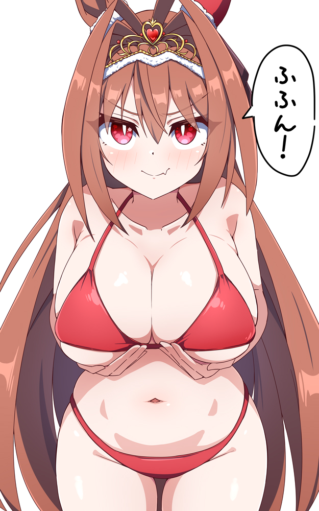 hiro (pqtks113), daiwa scarlet (umamusume), umamusume, commentary request, translation request, 1girl, animal ears, bikini, blush, breasts, brown hair, cleavage, closed mouth, collarbone, cowboy shot, fang, grabbing own breast, hair between eyes, hair intakes, horse ears, horse girl, horse tail, large breasts, leaning forward, long hair, looking at viewer, navel, red bikini, red eyes, simple background, skin fang, skindentation, solo, speech bubble, stomach, swimsuit, tail, thighs, tiara, underboob, v-shaped eyebrows, very long hair, white background