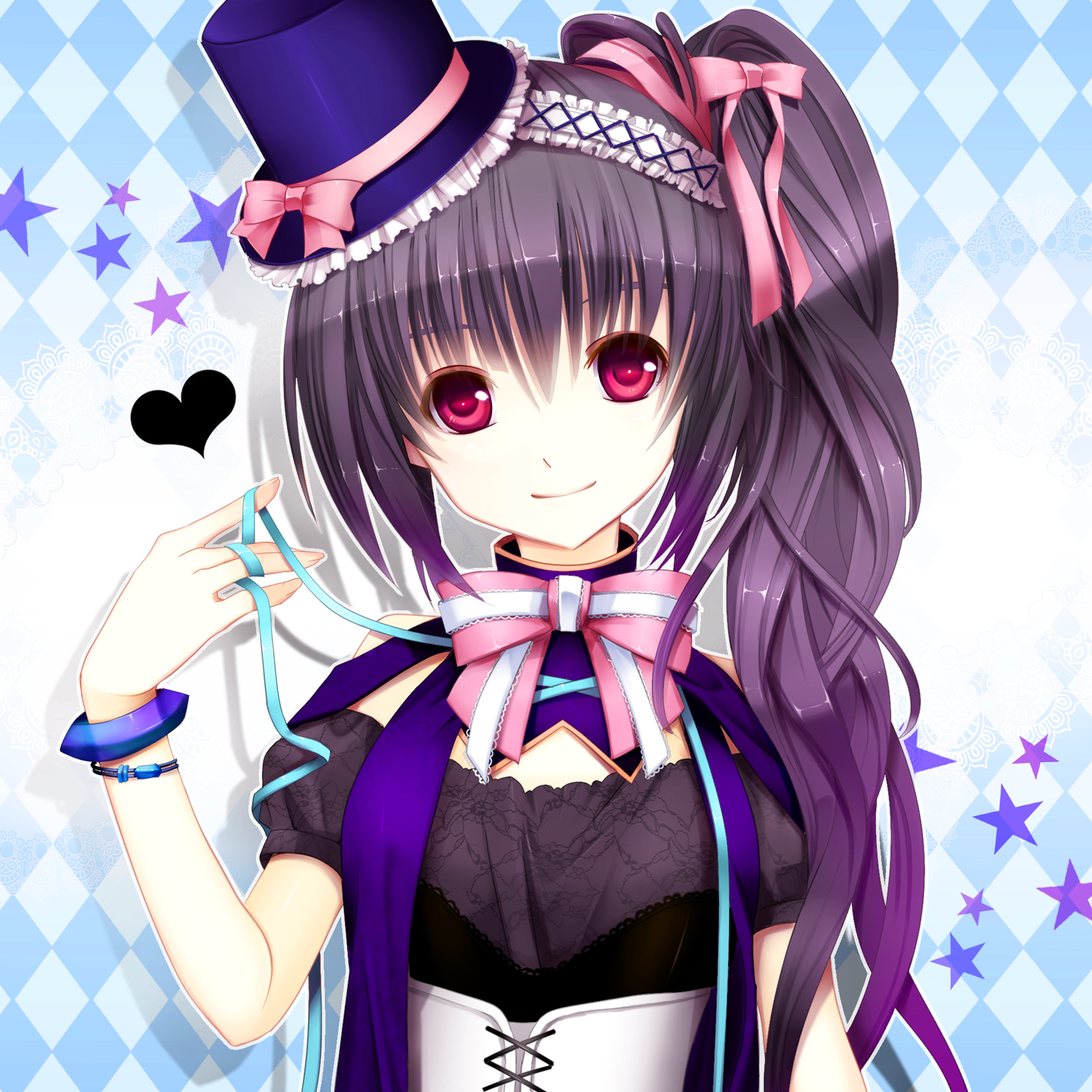 yuuki kira, open m/, highres, 1girl, argyle background, argyle clothes, black hair, bow, bowtie, bracelet, corset, eyeshadow, female focus, gradient hair, hair bow, hair ornament, hair ribbon, hat, heart, jewelry, lolita fashion, long hair, looking at viewer, makeup, mini hat, mini top hat, multicolored hair, purple eyes, purple hair, red eyes, ribbon, side ponytail, simple background, smile, solo, star (symbol), top hat, upper body