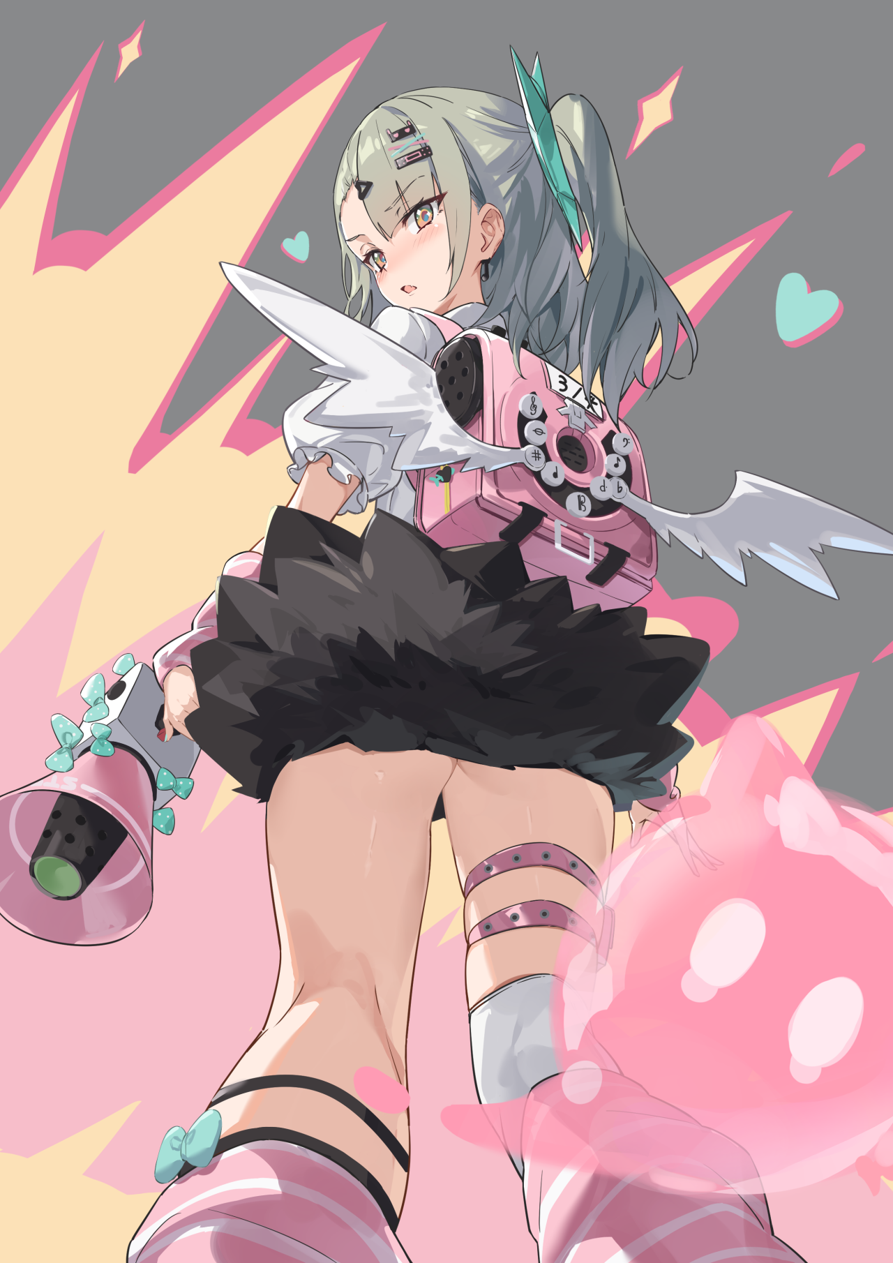 bitterpain, sunna (zenless zone zero), zenless zone zero, commentary, commentary request, english commentary, highres, mixed-language commentary, 1girl, arm warmers, ass, bandaid, bandaid hair ornament, black skirt, blush, earrings, explosion, feet out of frame, from behind, from below, fur-trimmed skirt, fur trim, green eyes, green hair, grey background, hair ornament, heart, heart hair ornament, holding, holding megaphone, jewelry, leg warmers, looking at viewer, looking back, megaphone, multiple hair clips, multiple thigh straps, musical note earrings, open mouth, pink arm warmers, pink bag, pink leg warmers, ponytail, shirt, simple background, skirt, solo, sparkle, striped arm warmers, striped leg warmers, thigh strap, white shirt, white wings, winged bag, wings