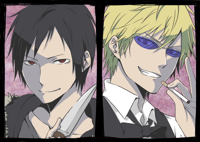 pakkaane, heiwajima shizuo, orihara izaya, durarara!!, bad id, bad pixiv id, 2boys, black hair, blonde hair, cigarette, glasses, grin, knife, male focus, multiple boys, red eyes, smile, sunglasses, tuxedo
