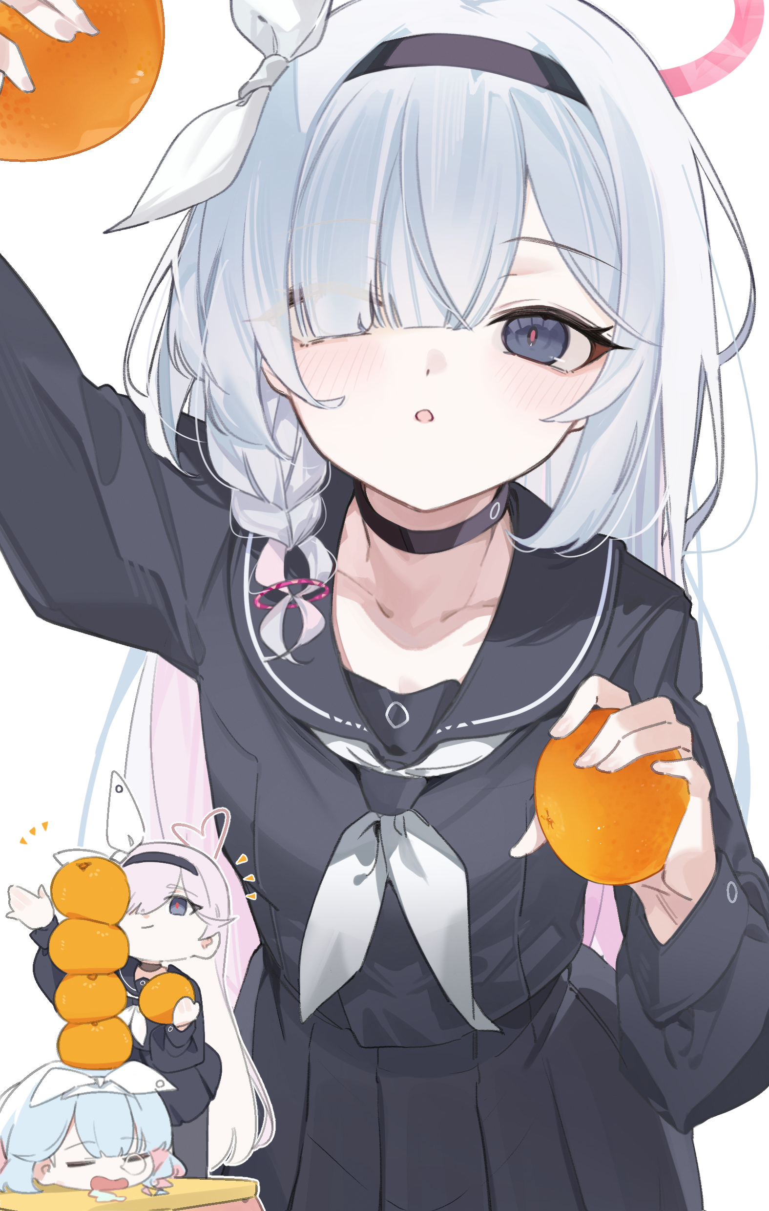 mimizuku (mmiganaru), arona (blue archive), plana (blue archive), blue archive, absurdres, commentary request, highres, 2girls, black eyes, black sailor collar, black serafuku, black shirt, black skirt, blush, bow, braid, food, fruit, grey hair, hair bow, hair over one eye, holding, holding food, holding fruit, long hair, multiple girls, neckerchief, orange (fruit), red pupils, sailor collar, school uniform, serafuku, shirt, skirt, sleeping, stacking, very long hair, white neckerchief