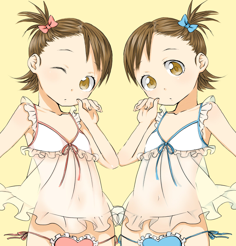 hanatsuka, futami ami, futami mami, idolmaster, idolmaster (classic), bad id, bad pixiv id, 2girls, babydoll, brown eyes, brown hair, flipped hair, hair bobbles, hair ornament, hair ribbon, lingerie, loli, multiple girls, one eye closed, panties, ribbon, short hair, siblings, side-tie panties, side ponytail, sisters, symmetry, twins, underwear, wink