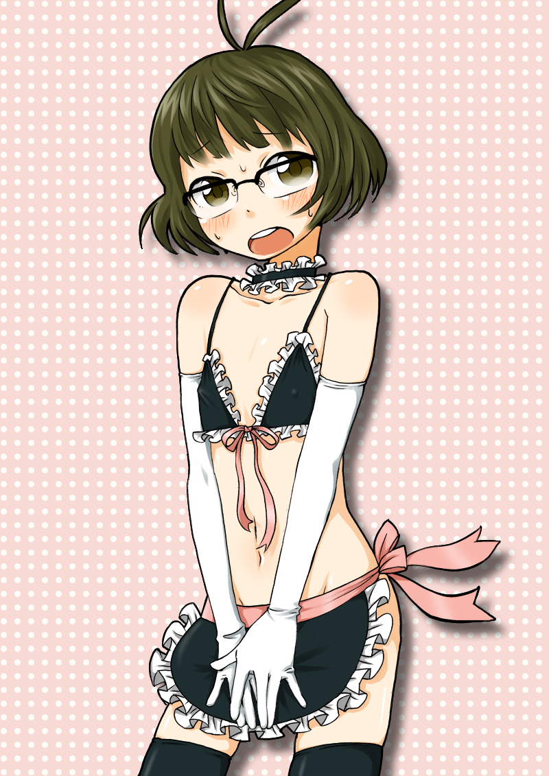 hanatsuka, akizuki ryo, idolmaster, idolmaster dearly stars, bad id, bad pixiv id, 00s, 1boy, antenna hair, bare shoulders, brown eyes, brown hair, crossdressing, crossdressing (mtf), glasses, male focus, no panties, open mouth, short hair, shota, solo, thighhighs, trap