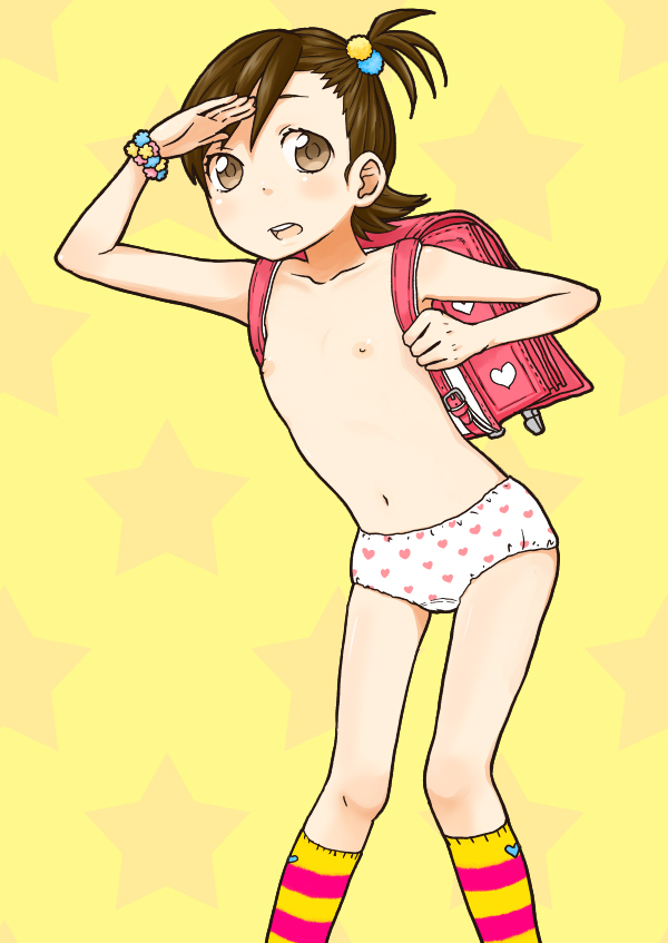 hanatsuka, futami mami, idolmaster, idolmaster (classic), bad id, bad pixiv id, 1girl, backpack, bag, brown eyes, brown hair, female focus, flat chest, loli, nipples, panties, polka dot, polka dot panties, randoseru, short hair, side ponytail, socks, solo, striped clothes, striped socks, topless female, underwear, underwear only