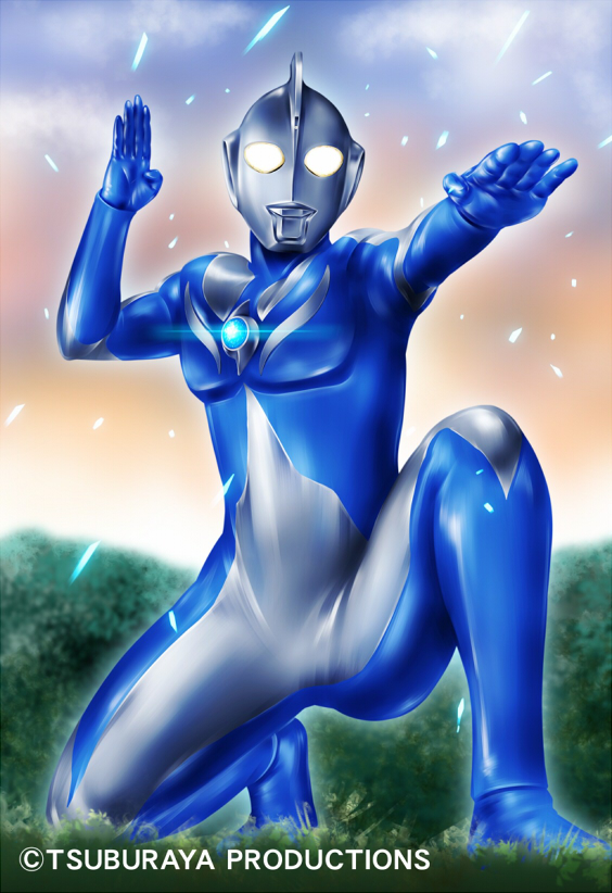 batayan, ultraman cosmos, ultraman cosmos (luna mode), tokusatsu, tsuburaya productions, ultra series, ultraman cosmos (series), commentary request, official art, 1boy, alien, blue skin, color timer, colored skin, copyright notice, giant, multicolored skin, on one knee, outdoors, silver skin, solo, yellow eyes