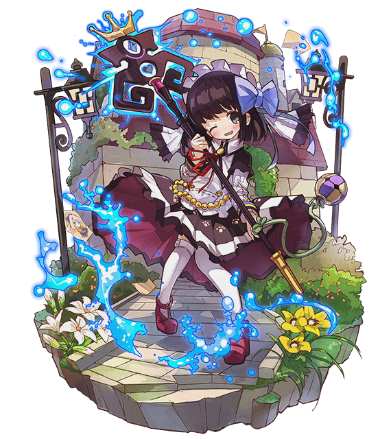 merc storia art team, merc storia, commentary request, official art, 1girl, black hair, blue bow, blush, bow, building, collared dress, dress, flower, full body, hair bow, head tilt, holding, holding staff, lamppost, long sleeves, maid headdress, one eye closed, open mouth, raised inner eyebrows, red ribbon, red shoes, ribbon, shoes, simple background, solo, staff, standing, stone floor, sue (merc storia), tachi-e, tareme, thighhighs, transparent background, wavy mouth, white flower, white thighhighs, wind, wind lift, yellow flower