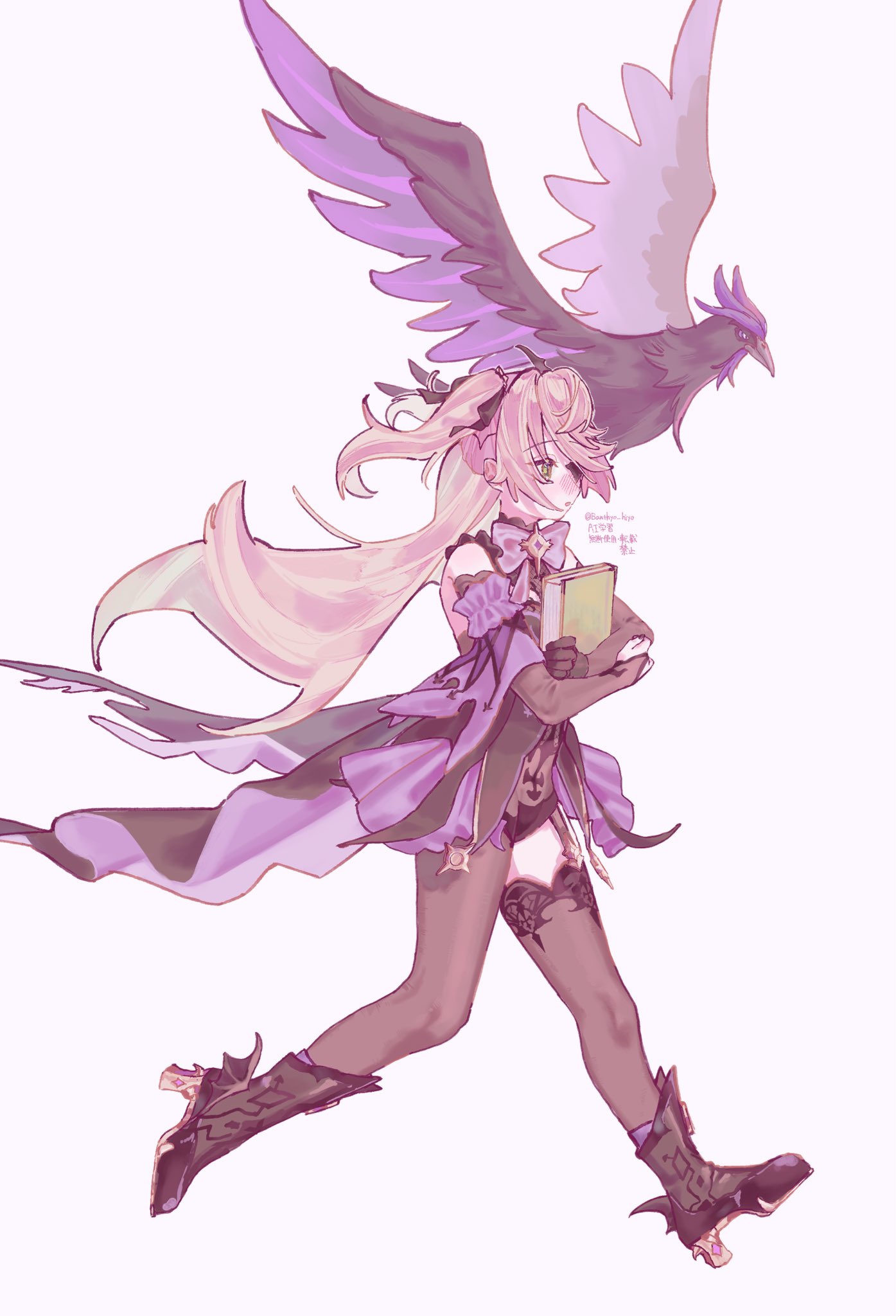 fischl (genshin impact), oz (genshin impact), genshin impact, commentary, highres, symbol-only commentary, 1girl, artist name, banthyo hiyo, bare shoulders, beak, bird, bird wings, black boots, black dress, black gloves, black ribbon, blonde hair, blush, book, boots, bow, bowtie, bridal gauntlets, brown pantyhose, brown thighhighs, dress, eyepatch, feathered wings, floating hair, flying, full body, garter belt, gloves, gold trim, green eyes, hair ribbon, high heel boots, high heels, holding, holding book, long hair, looking to the side, open mouth, pantyhose, pet, purple bow, purple bowtie, purple dress, purple eyes, ribbon, shadow, simple background, single leg pantyhose, single thighhigh, sleeveless, sleeveless dress, thighhighs, two-tone dress, two side up, walking, white background, wings