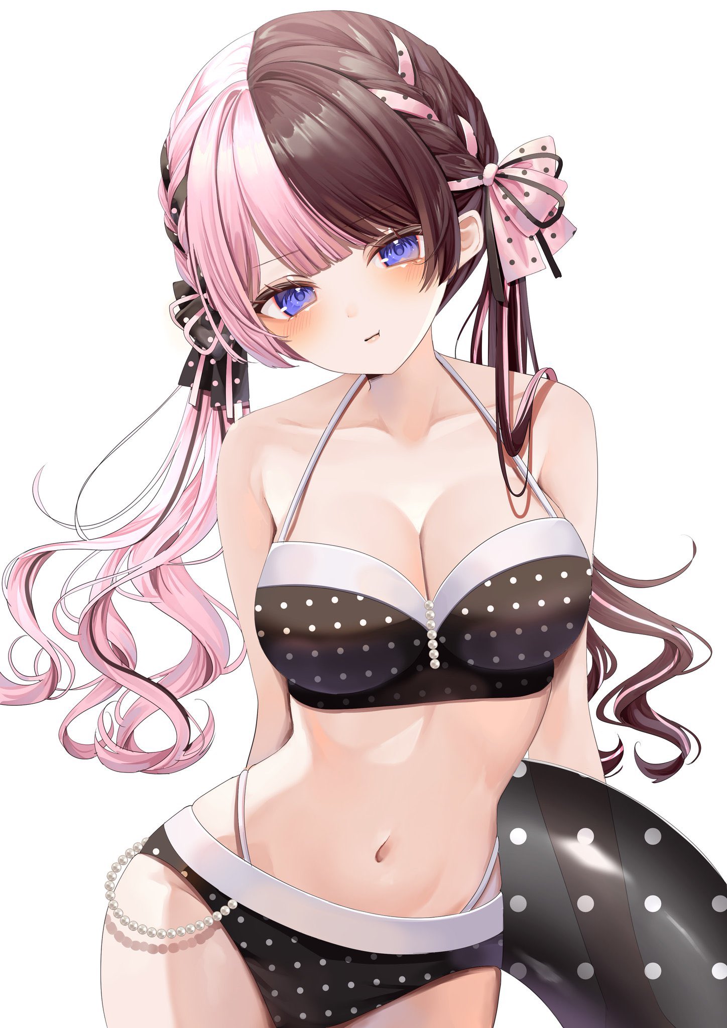 ohagetty, tachibana hinano, vspo!, commentary, highres, symbol-only commentary, 1girl, arm behind back, bikini, black bikini, black hair, bow, braid, breasts, cleavage, hair bow, halterneck, holding, holding swim ring, innertube, large breasts, long hair, looking at viewer, low twintails, multicolored hair, navel, pink hair, polka dot, polka dot bikini, purple eyes, side braids, simple background, solo, split-color hair, stomach, swim ring, swimsuit, twintails, two-tone hair, virtual youtuber, white background