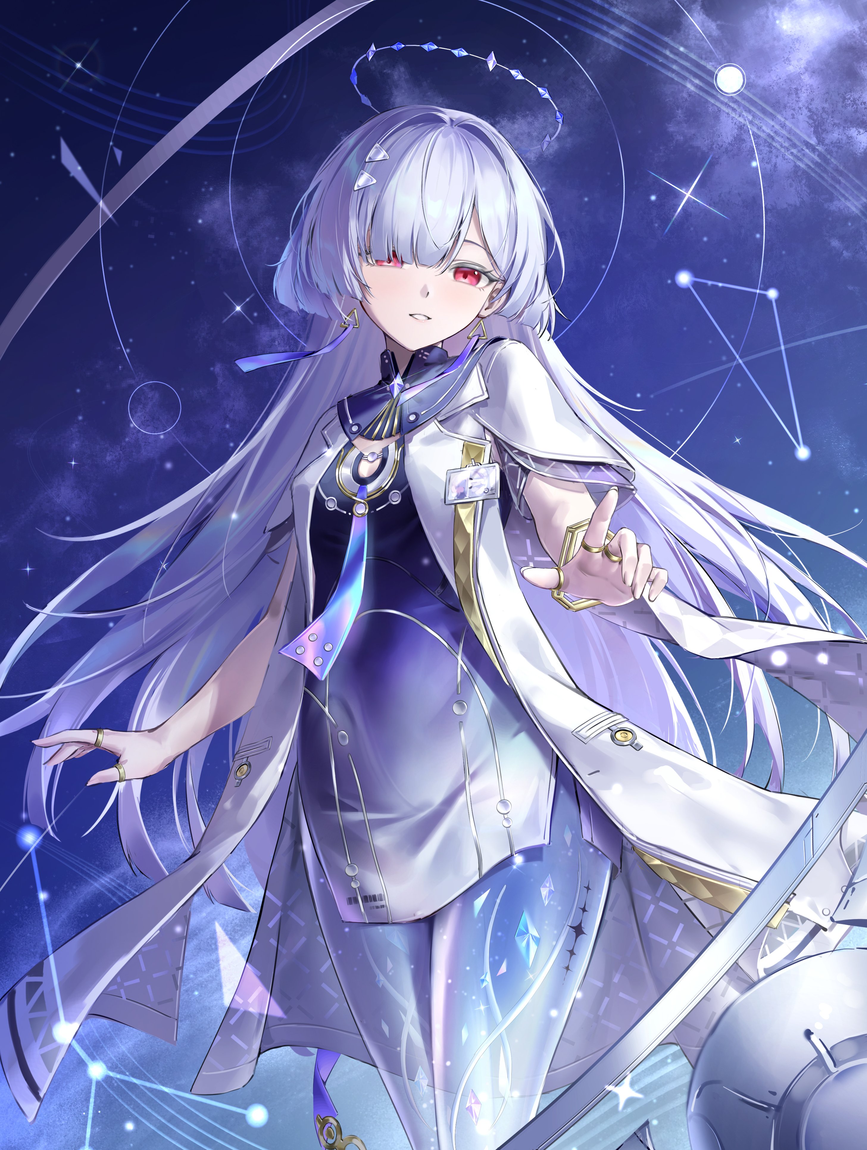 yinghuahua, mornye (wuthering waves), wuthering waves, absurdres, commentary, hashtag-only commentary, highres, 1girl, breasts, colored eyelashes, dress, earrings, feet out of frame, gradient clothes, gradient dress, grey hair, hair intakes, hair ornament, halo, id card, jacket, jewelry, light blush, long hair, looking at viewer, parted lips, purple dress, purple sky, red eyes, see-through body, short dress, side slit, sky, small breasts, smile, solo, tacet mark (wuthering waves), triangle earrings, white jacket