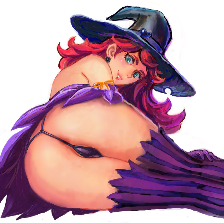 marmelo, original, 1girl, anus, ass, bare shoulders, blue eyes, dress, earrings, female focus, from behind, g-string, gloves, hat, heart, jewelry, legs together, lips, looking at viewer, looking back, lying, o-ring, o-ring bottom, o-ring panties, on side, panties, partially visible anus, purple dress, purple gloves, purple thighhighs, red hair, simple background, smile, solo, striped clothes, striped thighhighs, t back, thighhighs, thong, uncensored, underwear, upskirt, vertical-striped clothes, vertical-striped thighhighs, white background, witch, witch hat