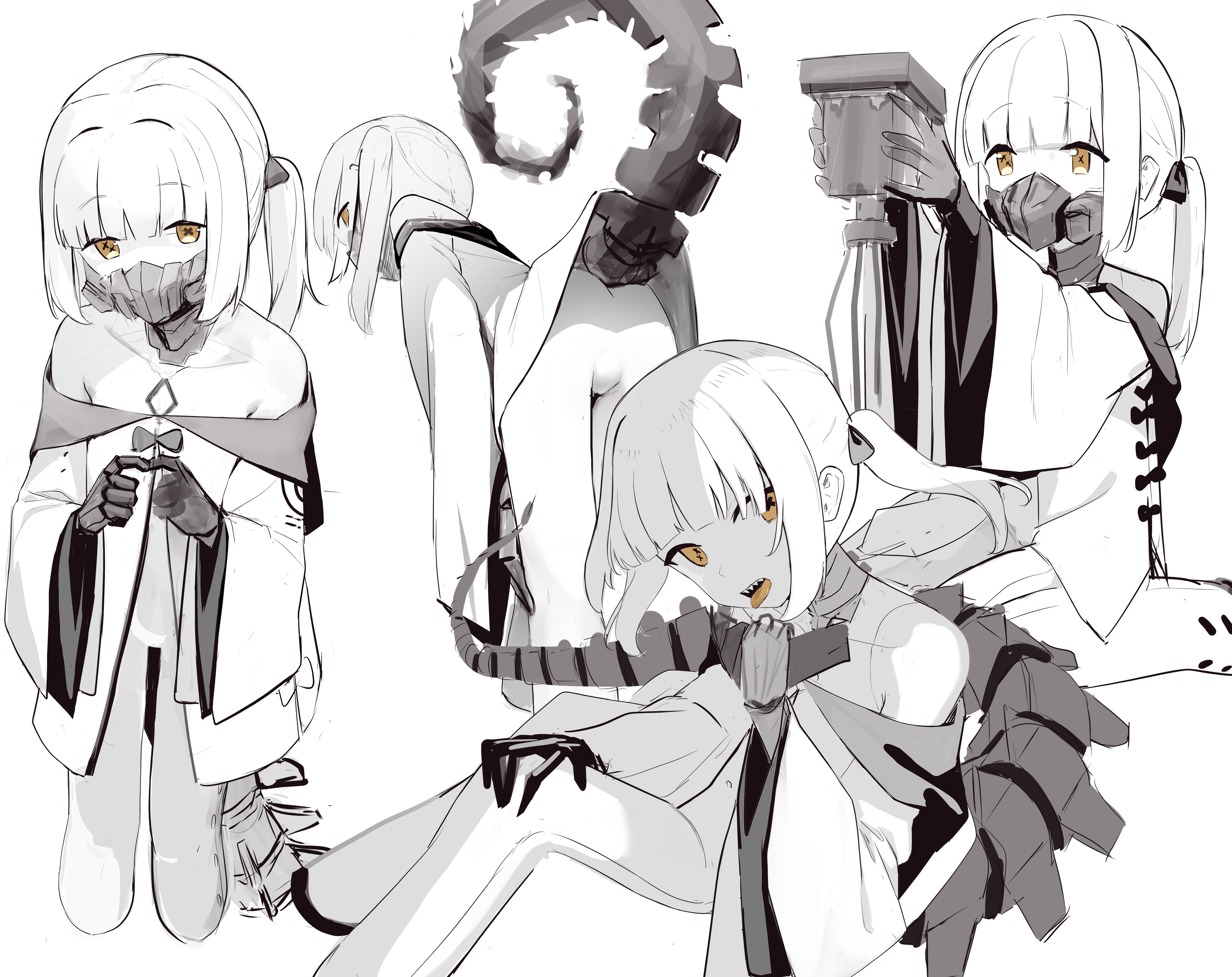 diu1, ein (blue archive), blue archive, absurdres, commentary, highres, 1girl, blunt bangs, covered mouth, greyscale, holding, leotard, looking at viewer, mask, mechanical hands, mechanical tail, monochrome, multiple views, respirator, sharp teeth, short hair, short twintails, simple background, spot color, symbol-shaped pupils, tail, teeth, tongue, tongue out, twintails, unworn mask, upper teeth only, white background, x-shaped pupils, yellow eyes